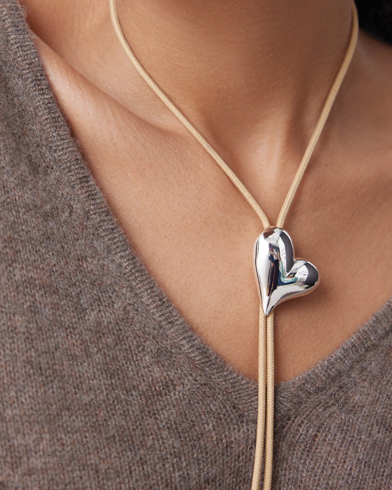 Art Heart Bolo Tie Silver Dipped Brass, Recycled Polyester Cord