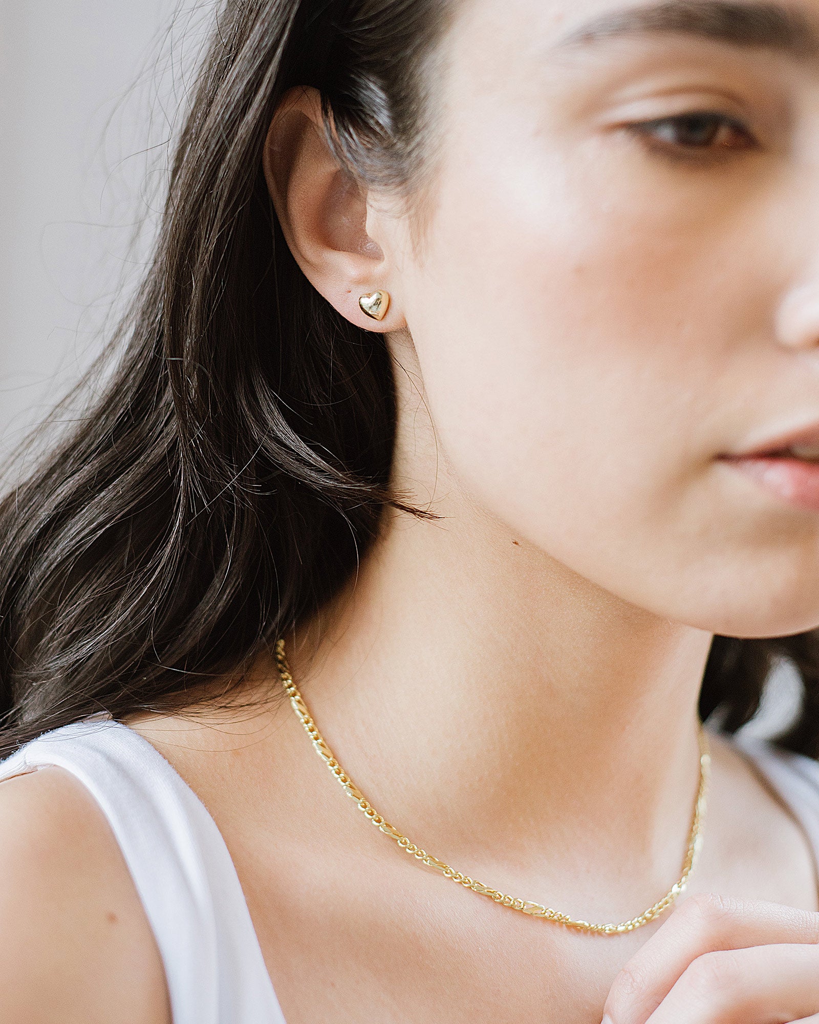 Puffy Heart Studs 14k Gold Plated, White Pearl