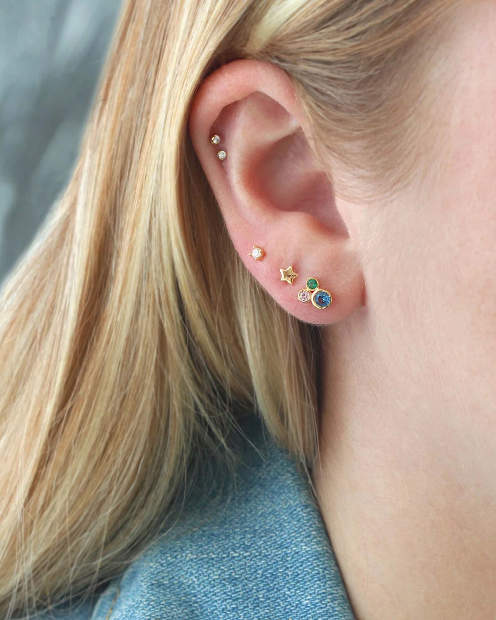 Kris Nations-3 Bezel Mix CZ Studs-Earrings-18k Gold Vermeil, Cubic Zirconia-Blue Ruby Jewellery-Vancouver Canada