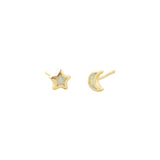 Opal Star Moon Stud Earrings 18k Gold Vermeil, Opal