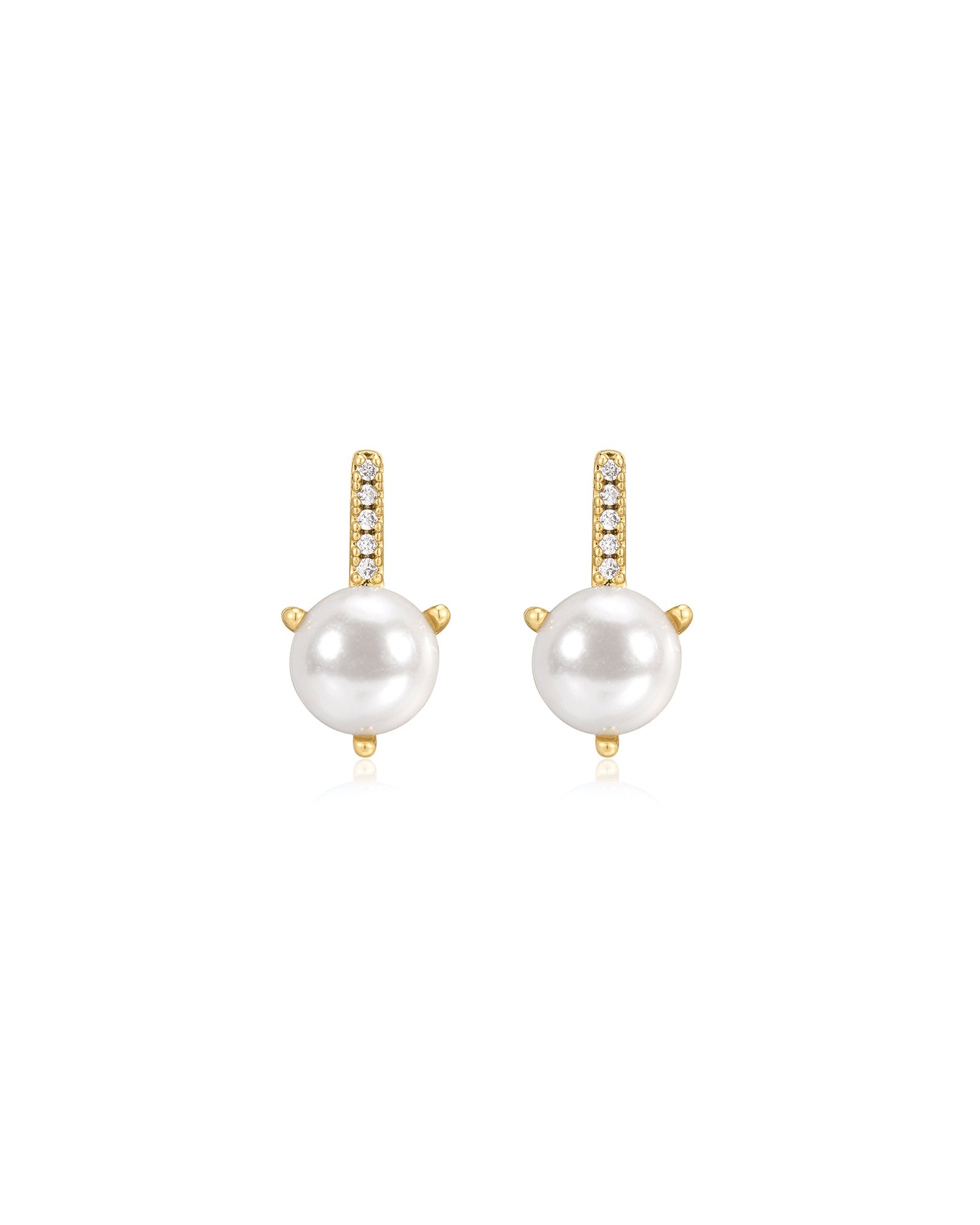 Pavé Post Pearl Studs 14k Gold Plated, White Pearl