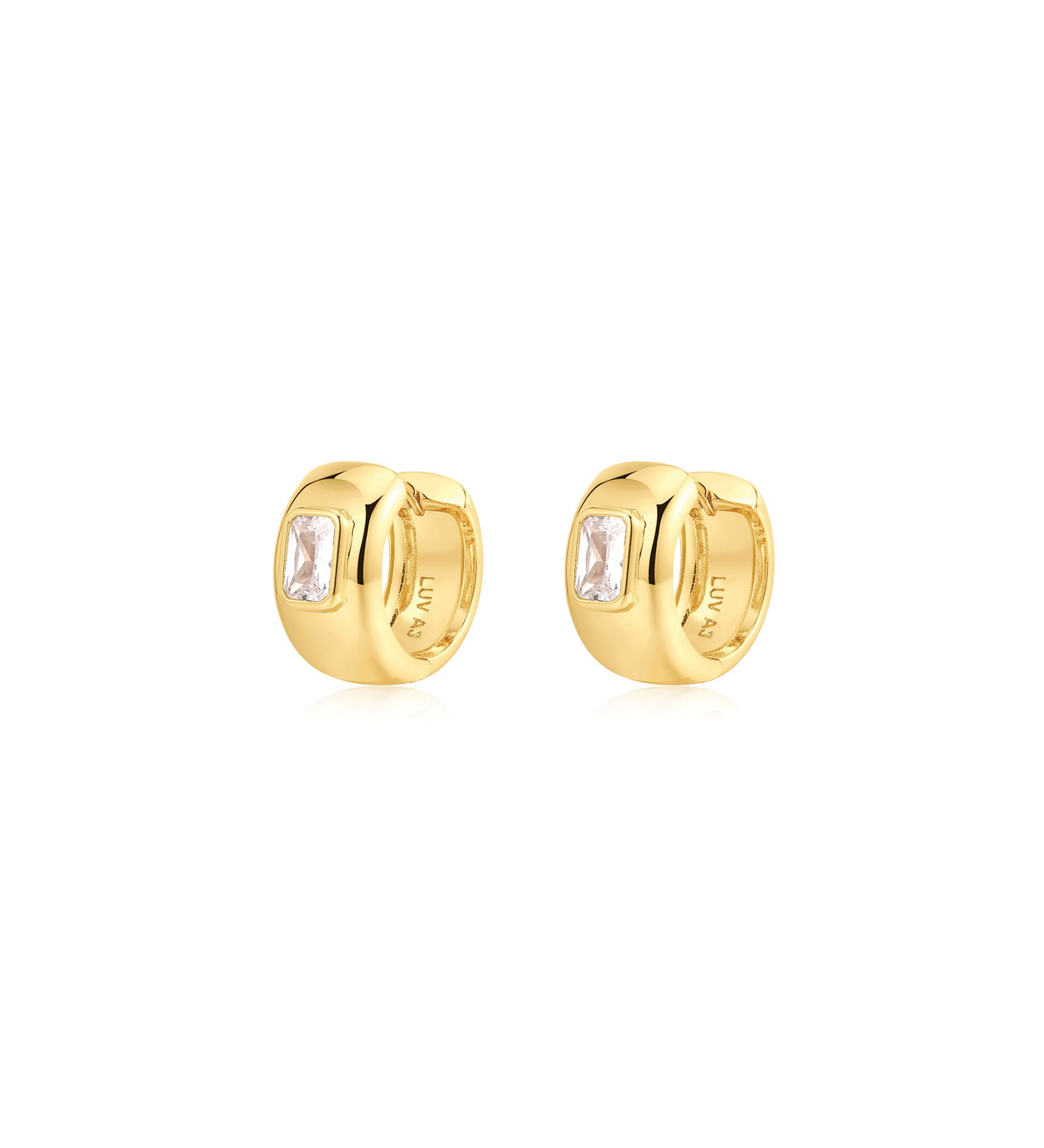 Emerald Bezel Stone Huggies 14k Gold Plated, Cubic Zirconia