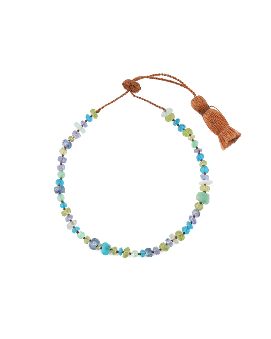 Lena Skadegard-Mixed Stone Knot Tassel Bracelet-Bracelets-Peridot, Kyanite, Apatite, Amethyst, Turquoise-Blue Ruby Jewellery-Vancouver Canada