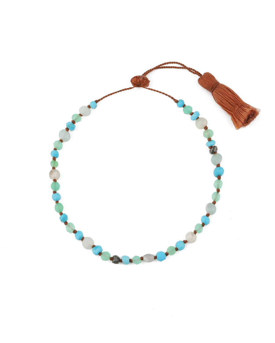 Lena Skadegard-Mixed Stone Knot Tassel Bracelet-Bracelets-Turquoise, Chrysoprase-Blue Ruby Jewellery-Vancouver Canada