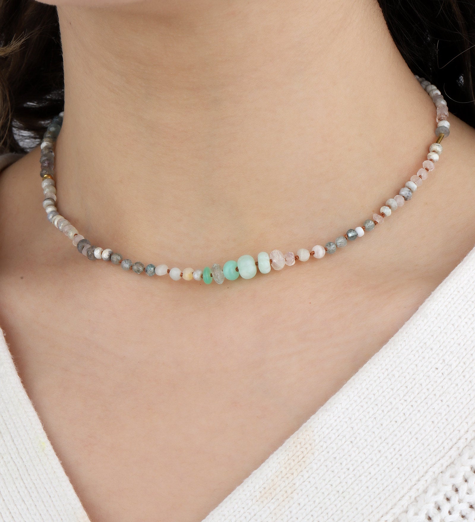 Mixed Stone Beaded Necklace 9k Yellow Gold, Labradorite