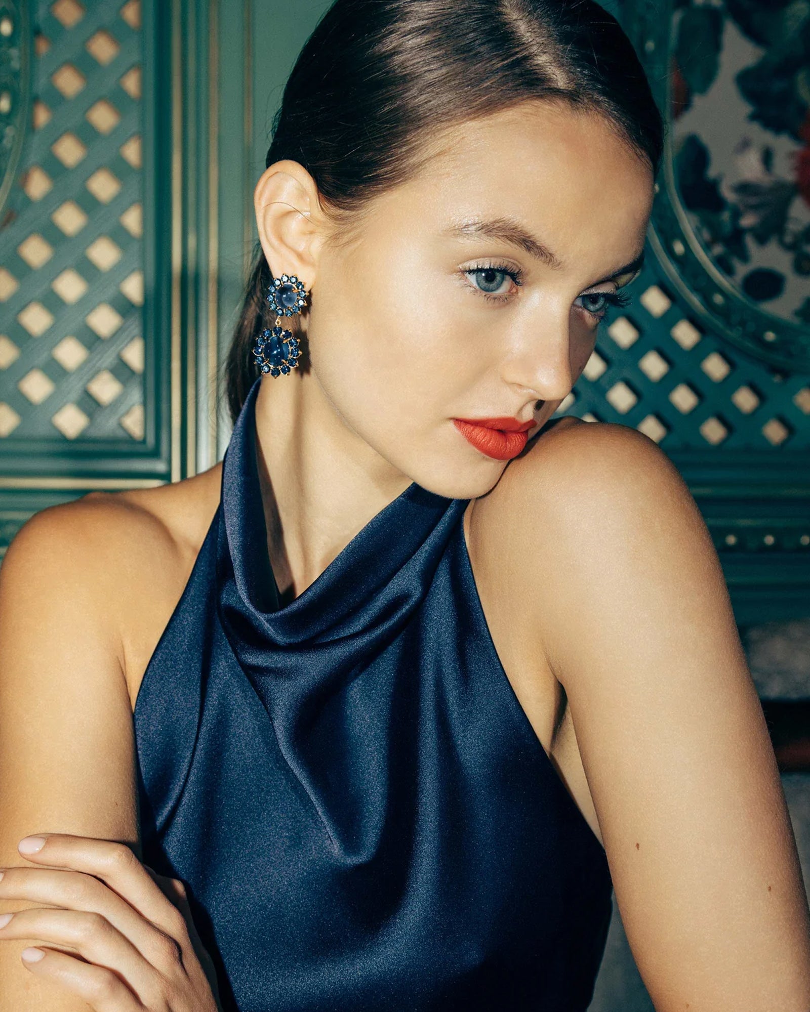 Georgie Stud Earrings 24k Gold Plated, Glass Stone, Acrylic Stone