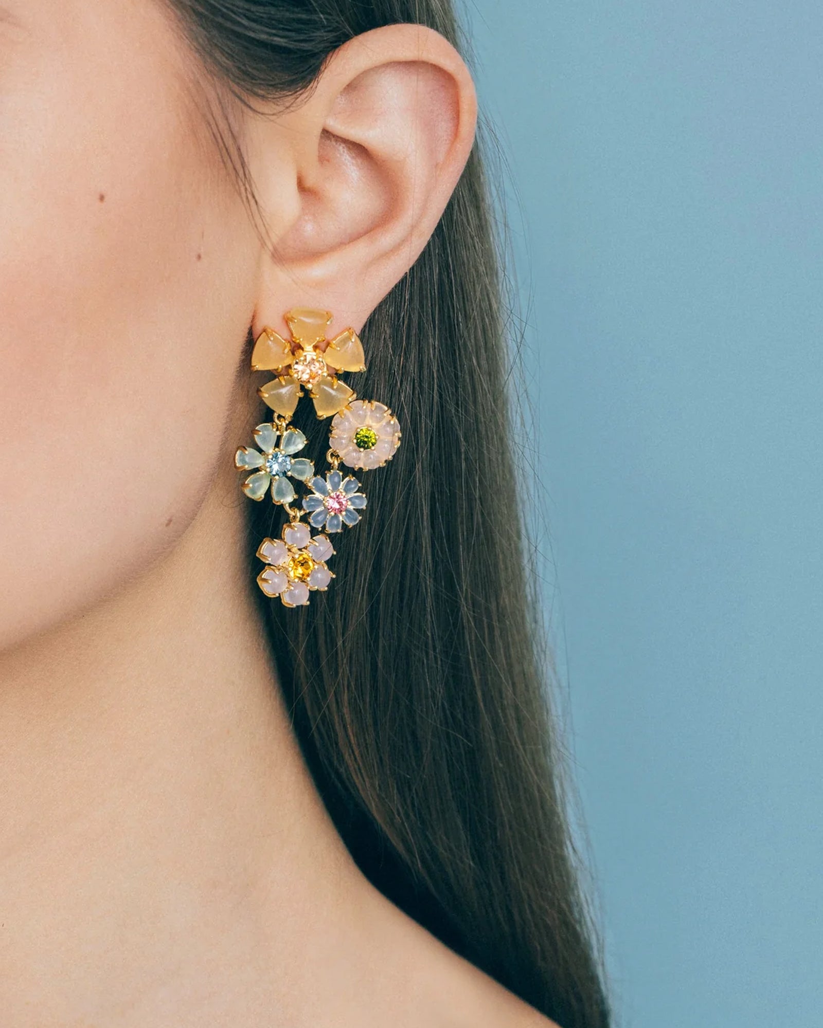 Talia Statement Earrings 18k Gold Plated, Rose Quartz, Glass Stones