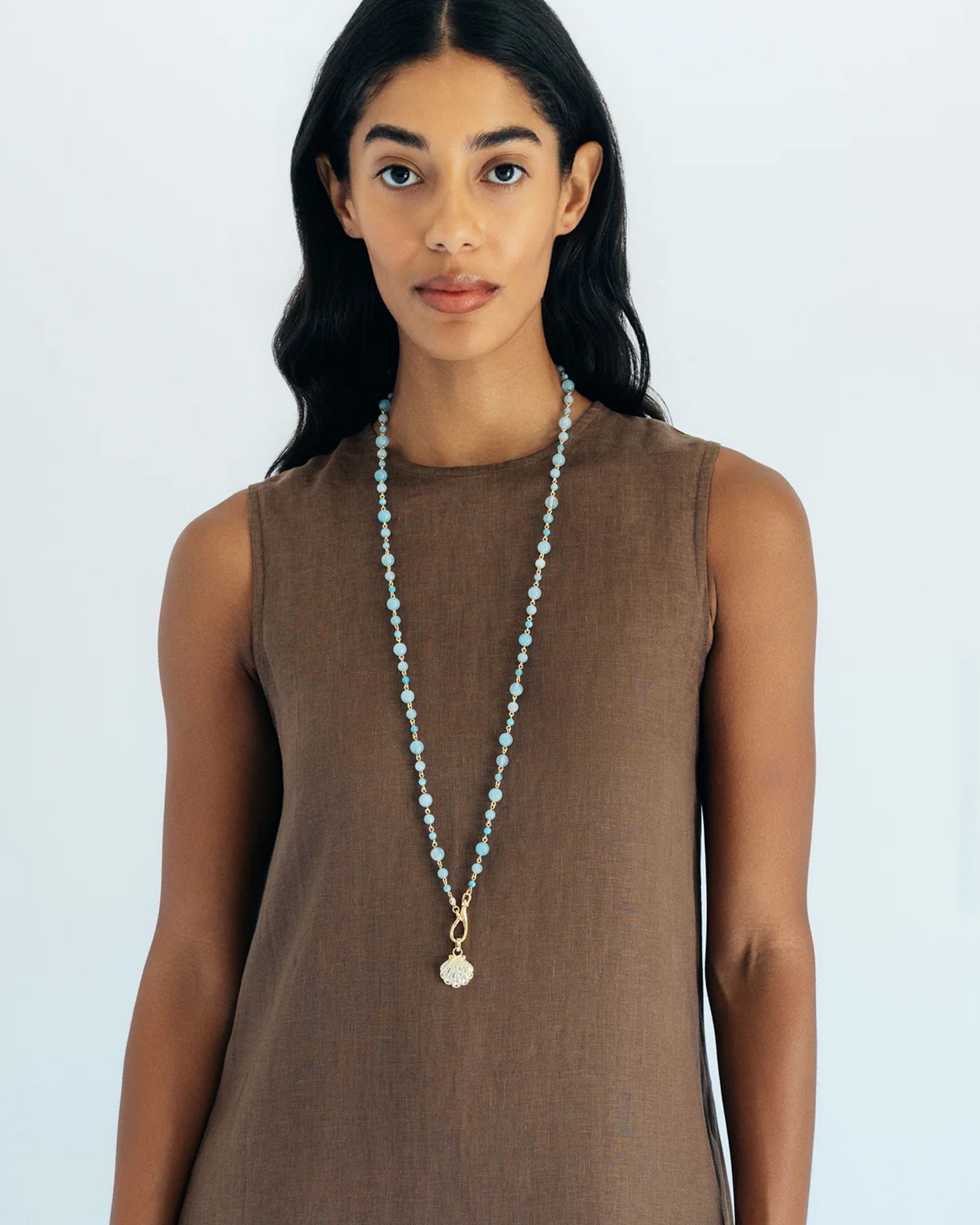 Darya Shell Necklace 18k Gold Plated, Blue Jade, Cubic Zirconia