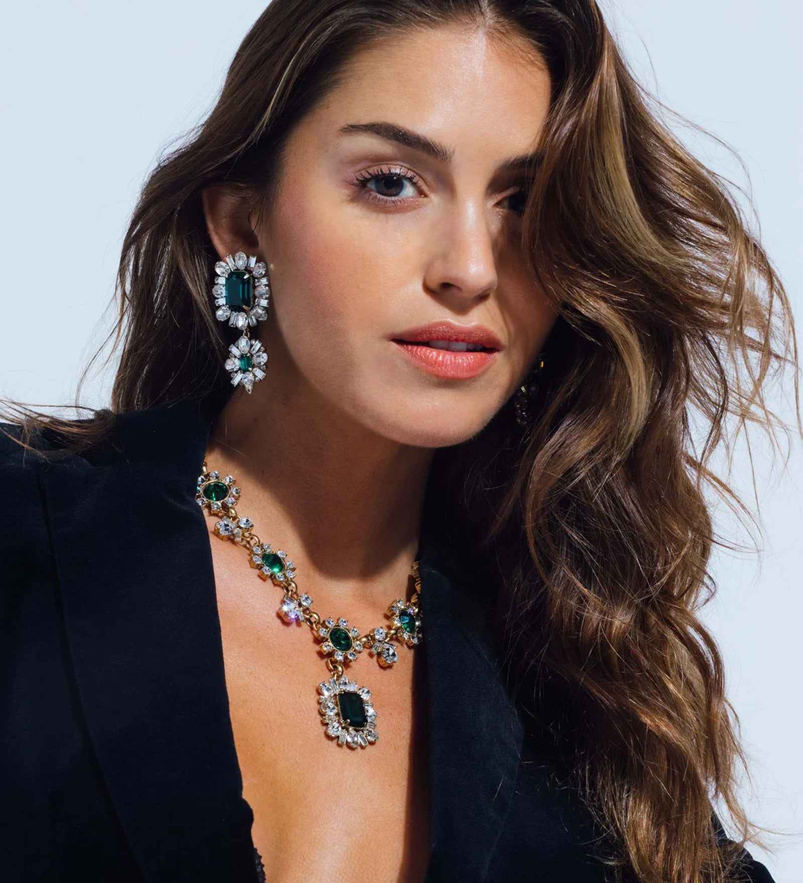 Grand Dame Earrings 18k Gold Plated, Emerald, Cubic Zirconia