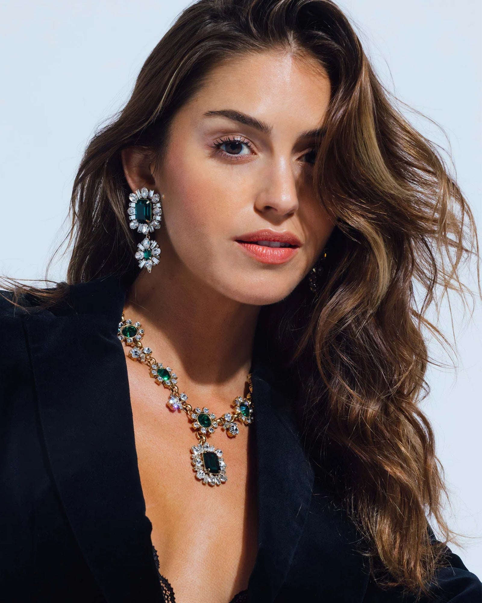 Grand Dame Earrings 18k Gold Plated, Emerald, Cubic Zirconia