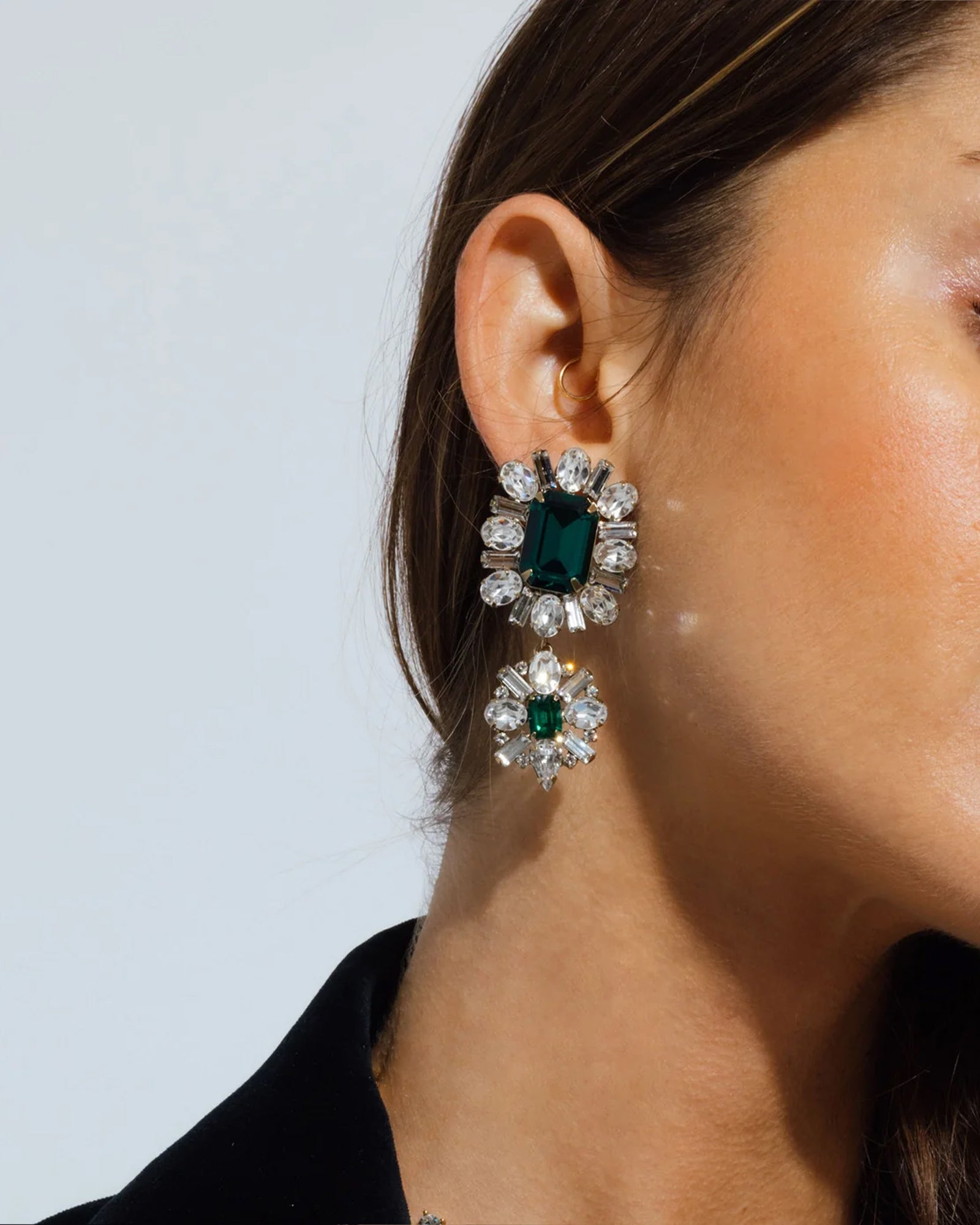 Grand Dame Earrings 18k Gold Plated, Emerald, Cubic Zirconia