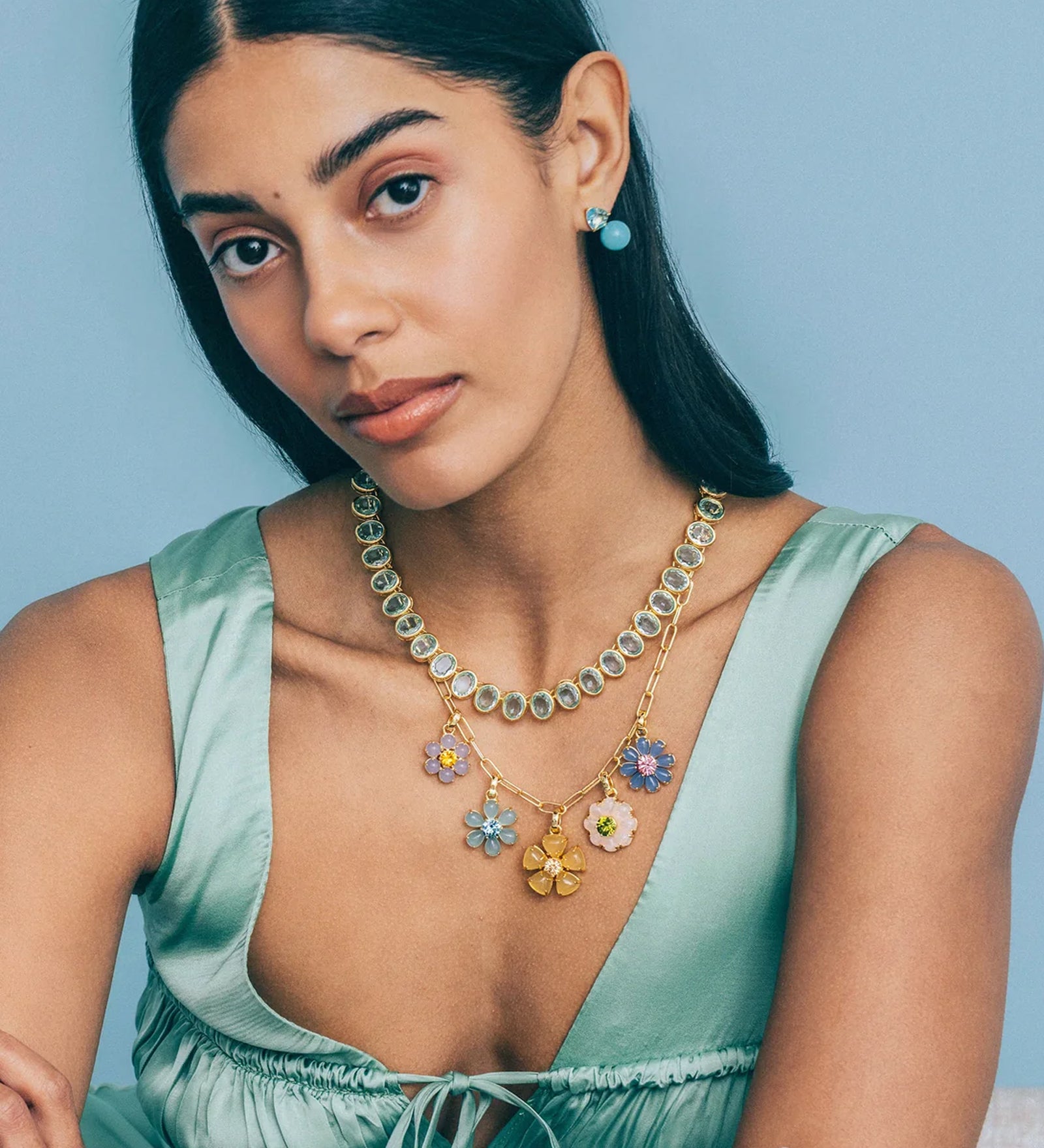 Talia Charm Necklace 18k Gold Plated, Rose Quartz, Glass Stones