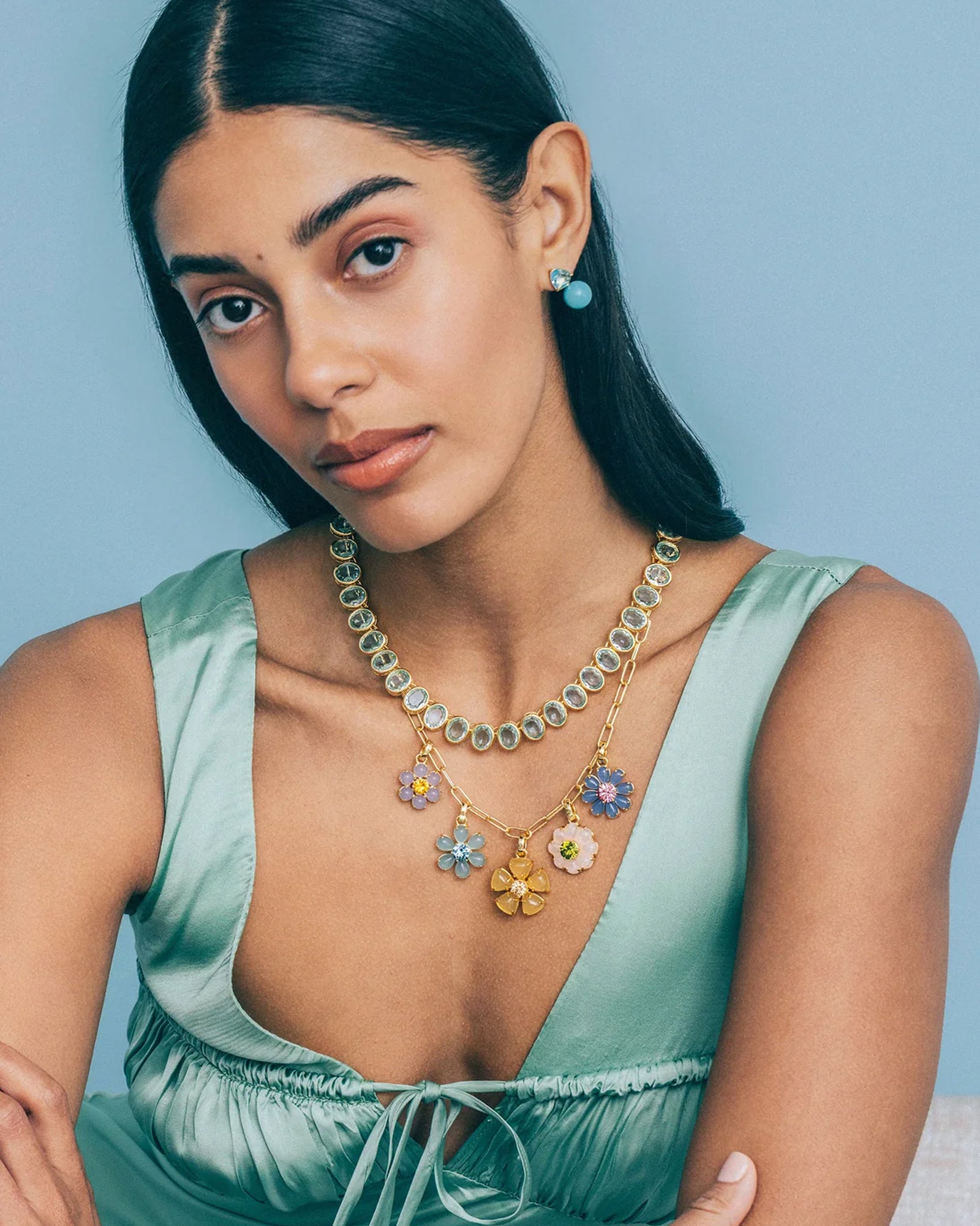 Talia Charm Necklace 18k Gold Plated, Rose Quartz, Glass Stones
