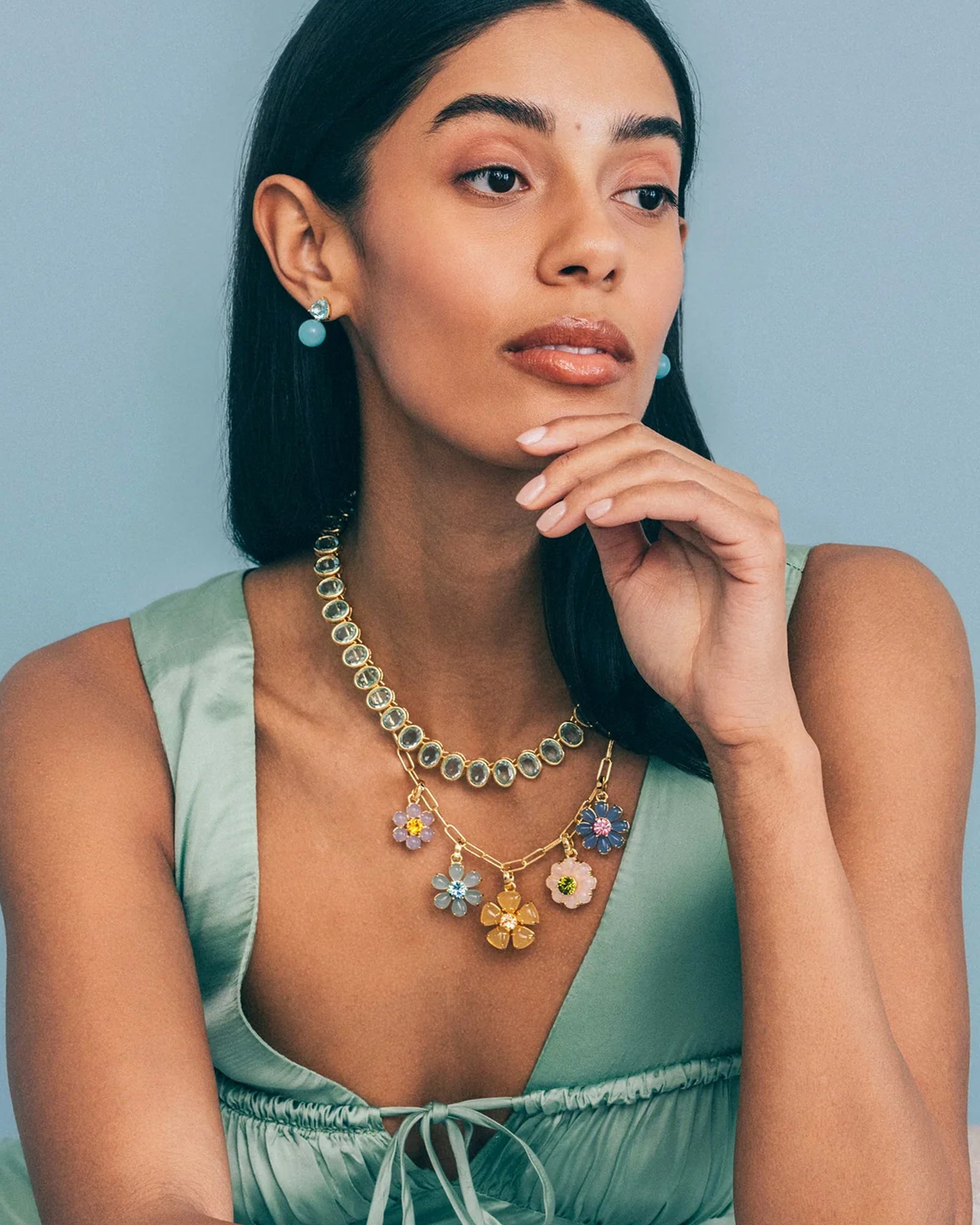 Talia Charm Necklace 18k Gold Plated, Rose Quartz, Glass Stones