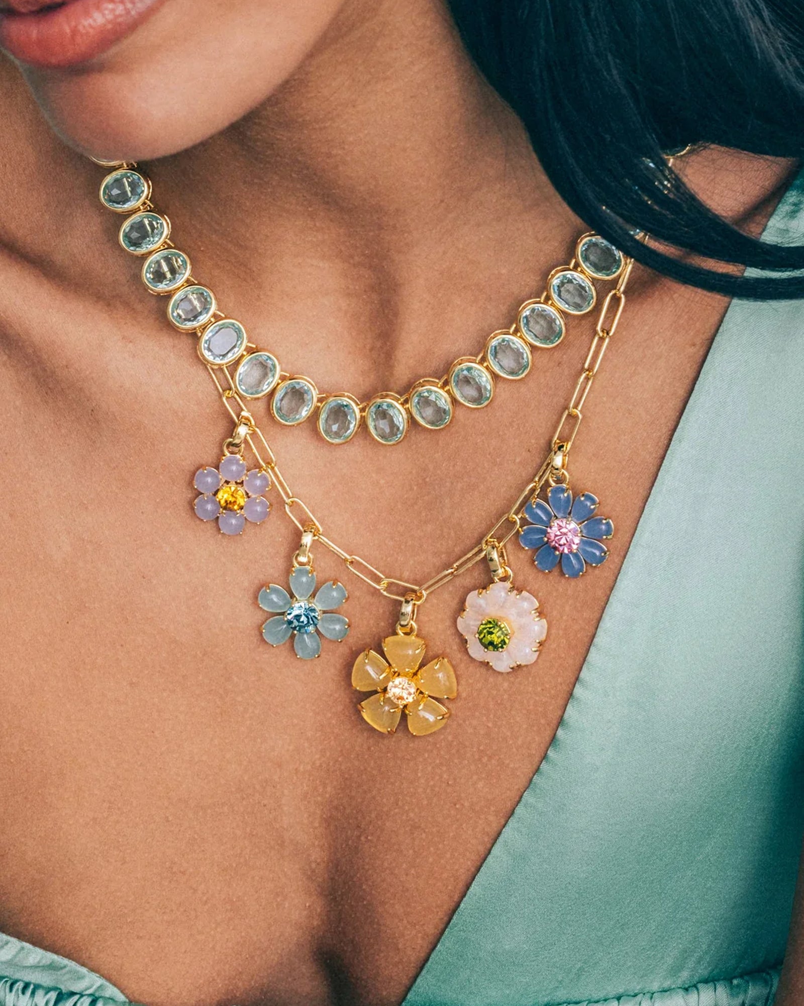 Talia Charm Necklace 18k Gold Plated, Rose Quartz, Glass Stones