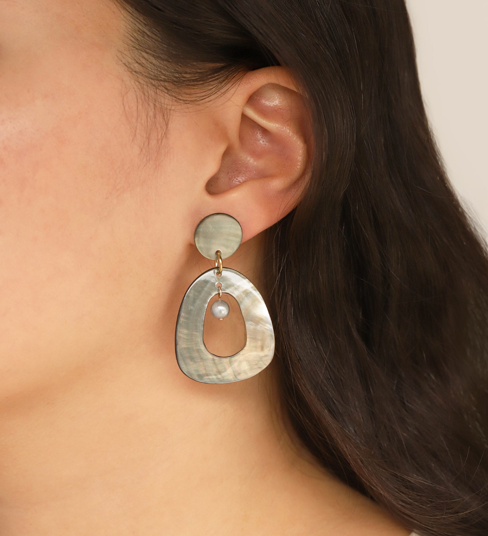 Hollow Mother of Pearl Earrings with Inner Pearl 18k Gold Plated, Mother of Pearl
