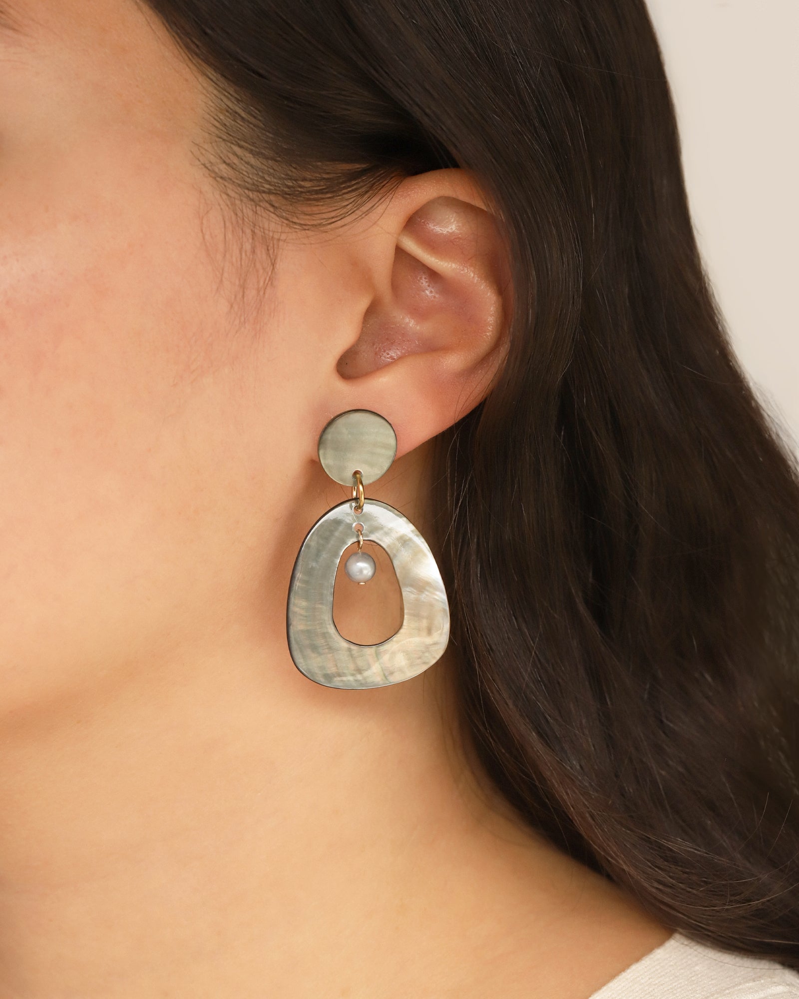 Hollow Mother of Pearl Earrings with Inner Pearl 18k Gold Plated, Mother of Pearl
