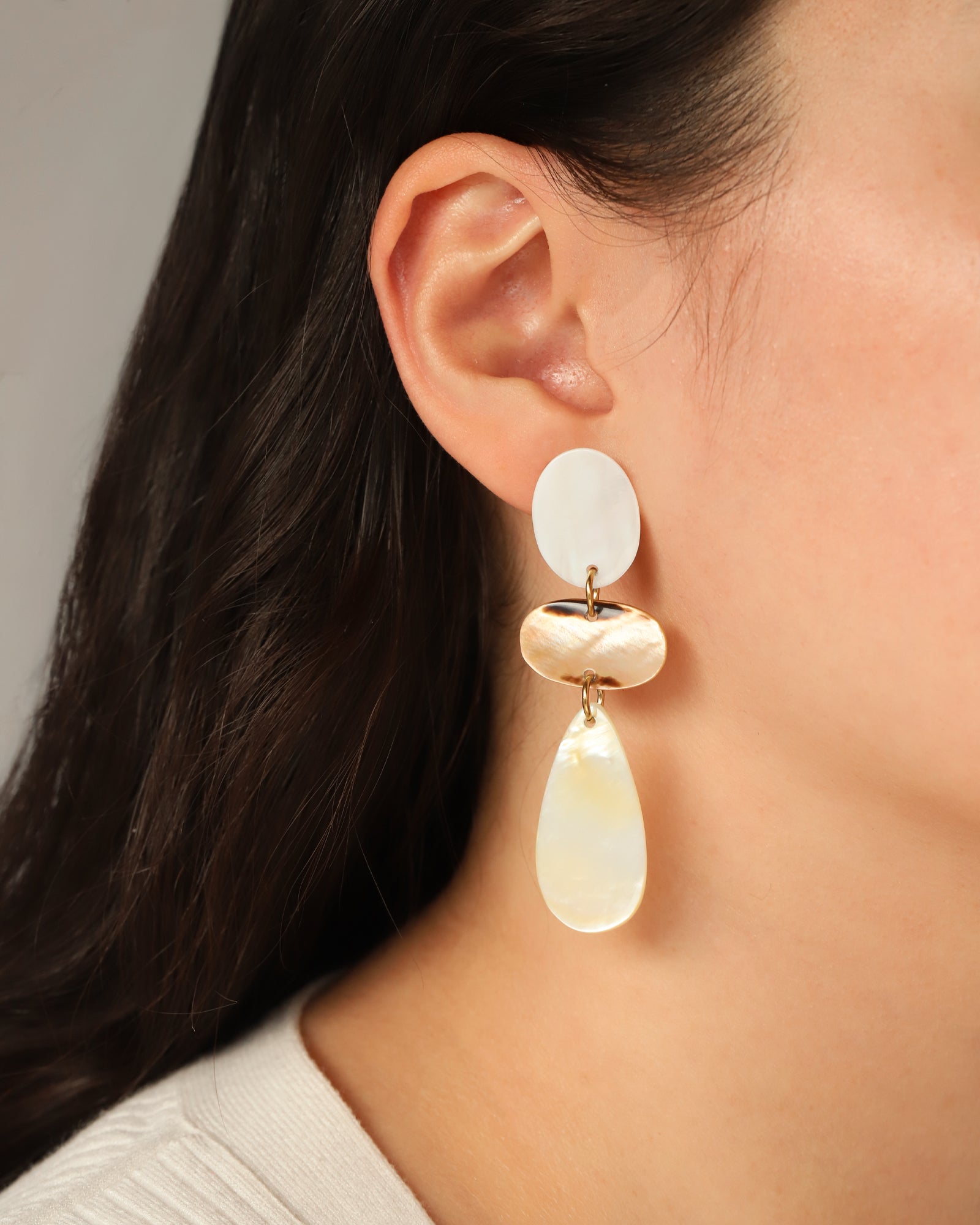 Mother of Pearl Tricolor Dangle Earrings 18k Gold Plated, Mother of Pearl