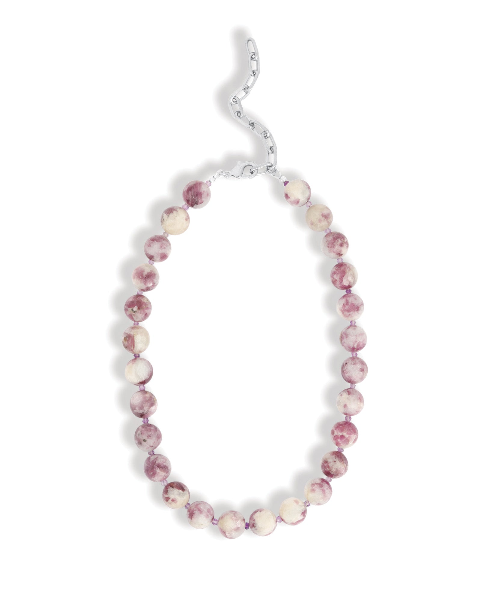 Mixed Shape Chunky Stone Necklace | 12mm Silver, Lepidolite Tourmaline, Amethyst