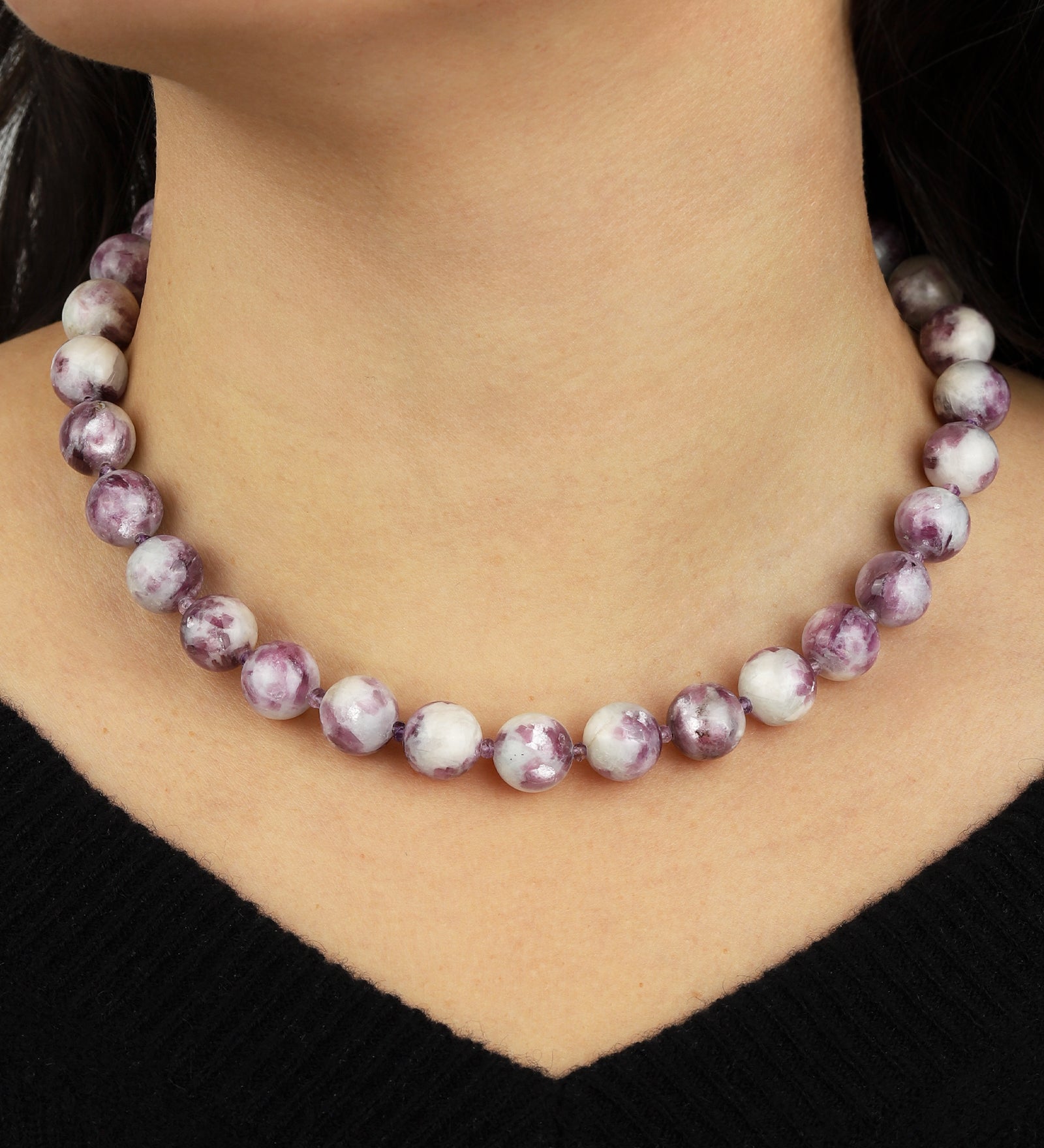 Mixed Shape Chunky Stone Necklace | 12mm Silver, Lepidolite Tourmaline, Amethyst