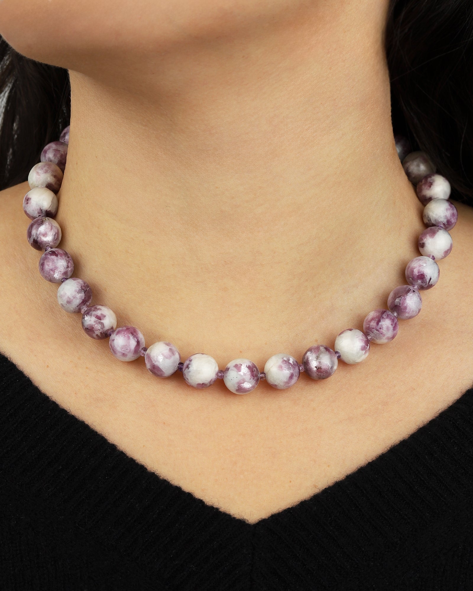 Mixed Shape Chunky Stone Necklace | 12mm Silver, Lepidolite Tourmaline, Amethyst