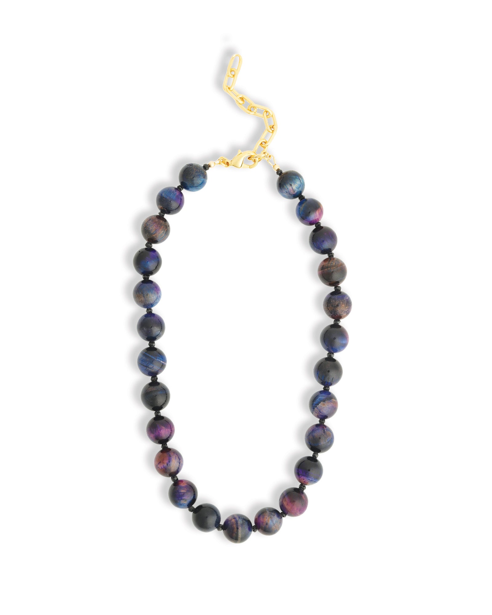 Mixed Shape Chunky Stone Necklace | 12mm Gold, Galaxy Tiger Eye, Black Spinel