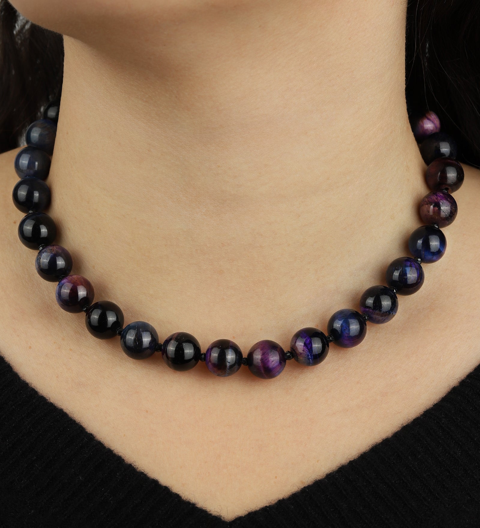 Mixed Shape Chunky Stone Necklace | 12mm Gold, Galaxy Tiger Eye, Black Spinel