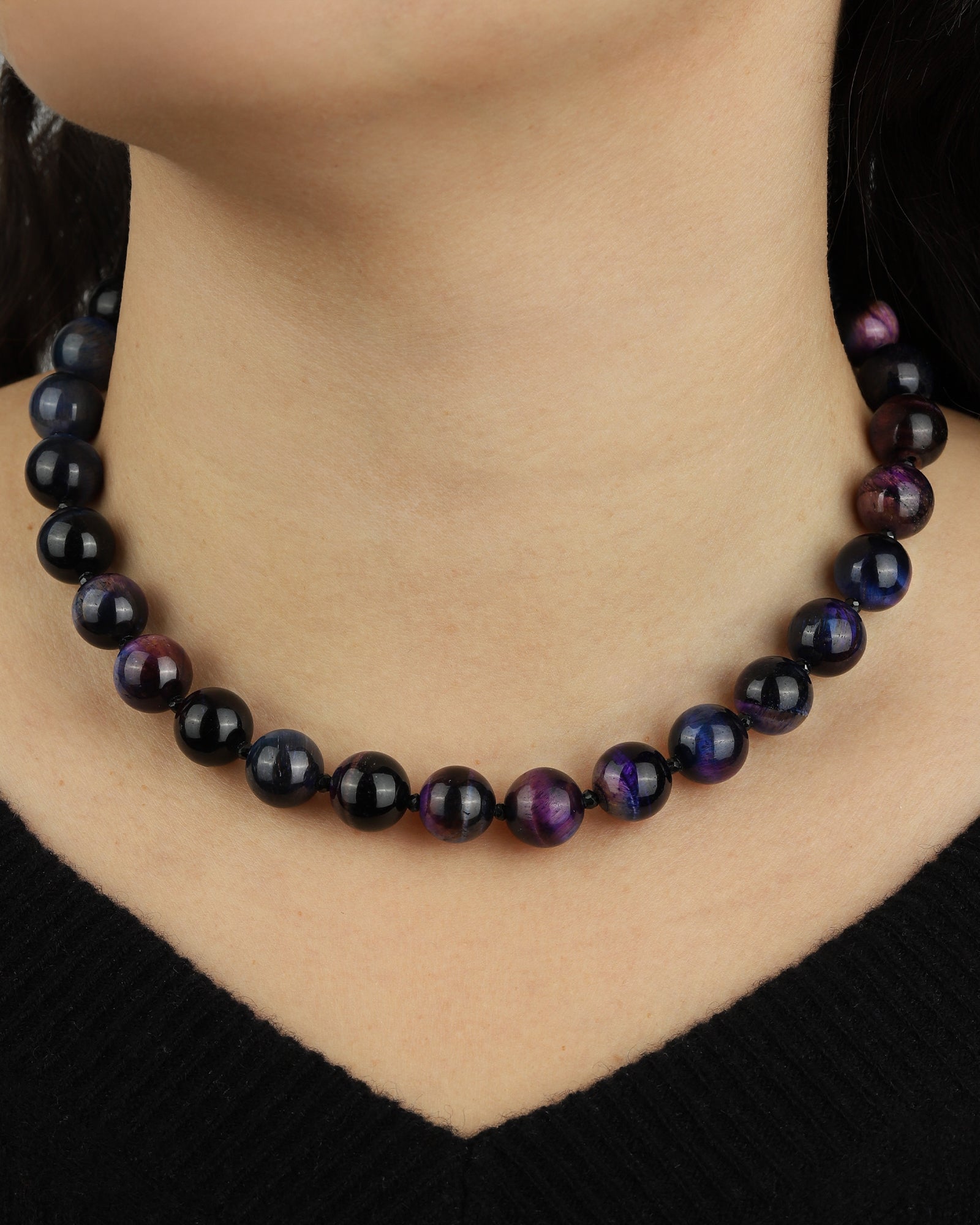 Mixed Shape Chunky Stone Necklace | 12mm Gold, Galaxy Tiger Eye, Black Spinel