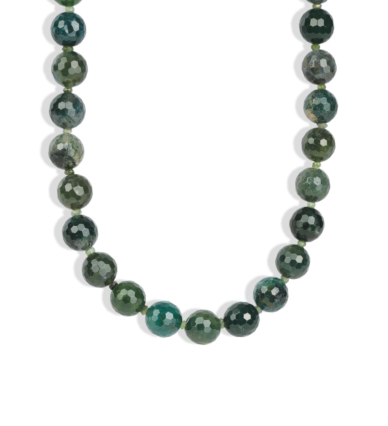 Lunita Luz-Faceted Mixed Shape Long Beaded Necklace | 10mm-Necklaces-Gold, Moss Agate-Blue Ruby Jewellery-Vancouver Canada