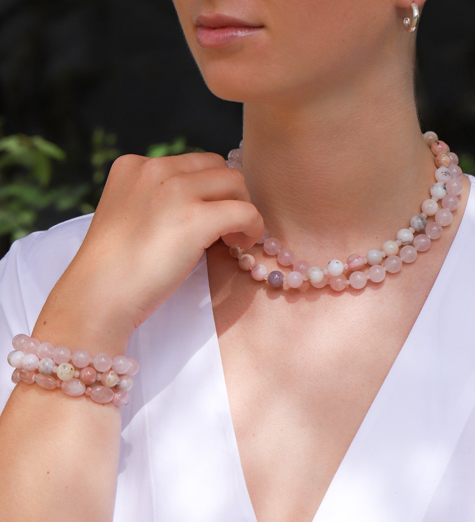 Rose Quartz & Peach Moonstone Beaded Bracelet  | 10mm 14k Gold Plated, Rose Quartz, Peach Moonstone
