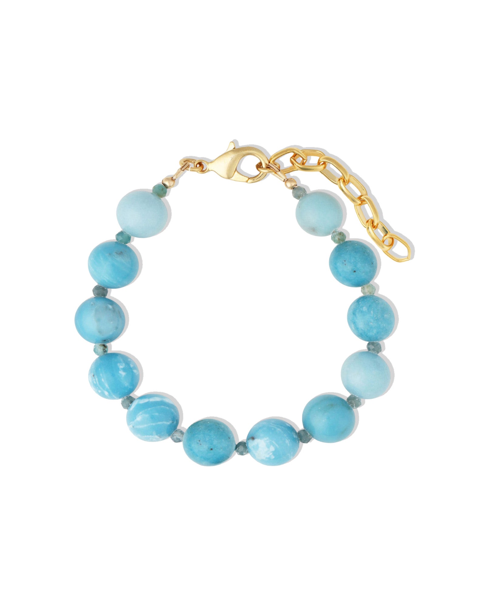 Larimar & Grandidierite Beaded Bracelet | 10mm 14k Gold Plated, Sky Blue Larimar, Grandiderite