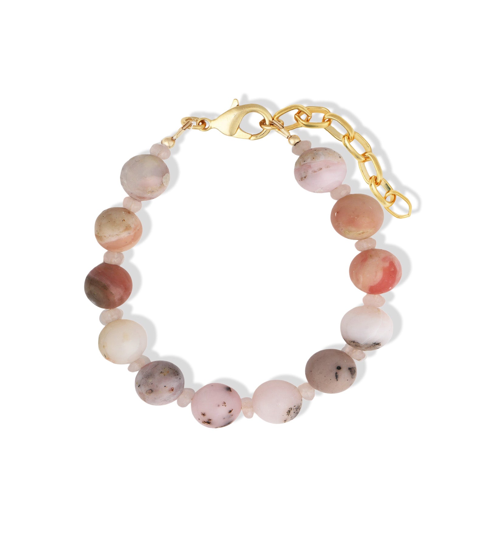 Peruvian Opal & Rose Quartz Beaded Bracelet | 10mm 14k Gold Plated, Peruvian Opal, Rose Quartz