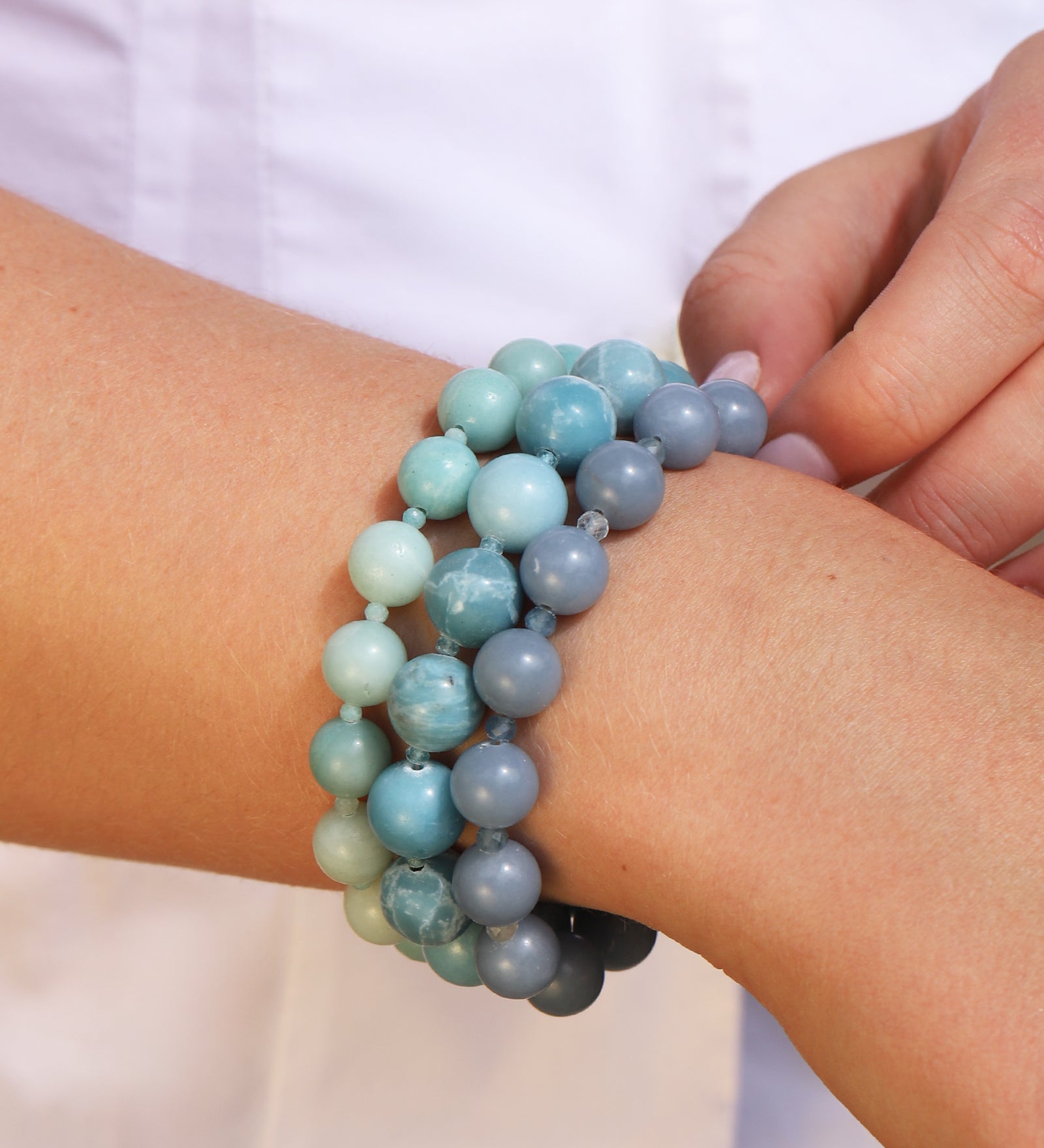 Angelite & Aquamarine Beaded Bracelet | 10mm 14k Gold Plated, Angelite, Aquamarine