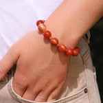 Red Stripe Agate & Carnelian Beaded Bracelet | 12mm 14k Gold Plated, Red Striped Agate, Carnelian