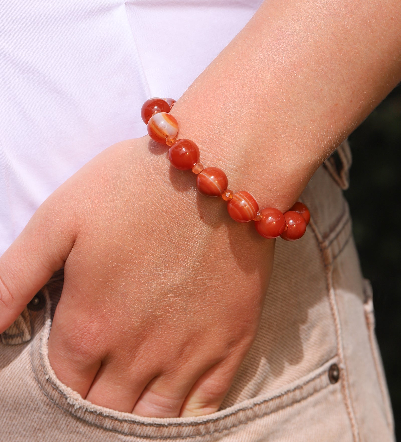 Red Stripe Agate & Carnelian Beaded Bracelet | 12mm 14k Gold Plated, Red Striped Agate, Carnelian