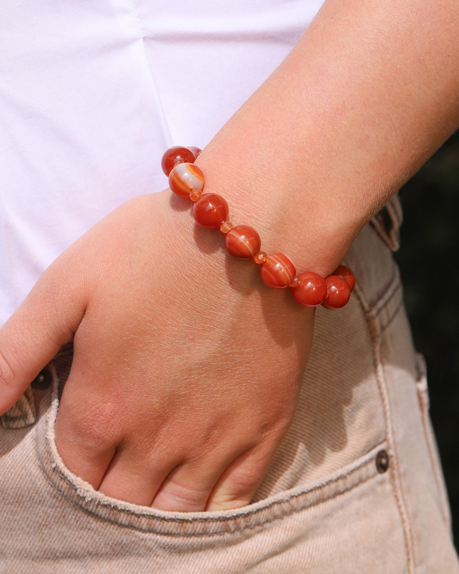 Red Stripe Agate & Carnelian Beaded Bracelet | 12mm 14k Gold Plated, Red Striped Agate, Carnelian