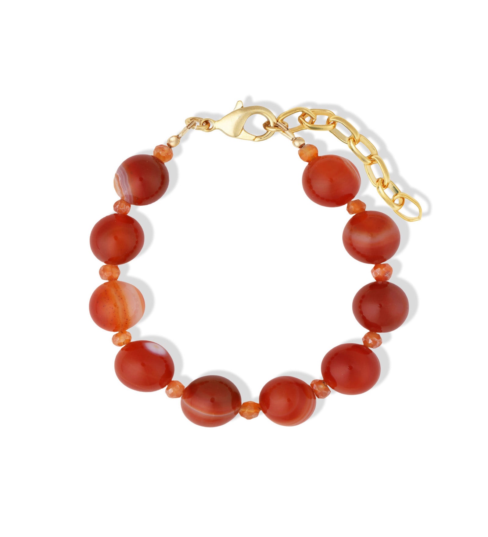 Red Stripe Agate & Carnelian Beaded Bracelet | 12mm 14k Gold Plated, Red Striped Agate, Carnelian