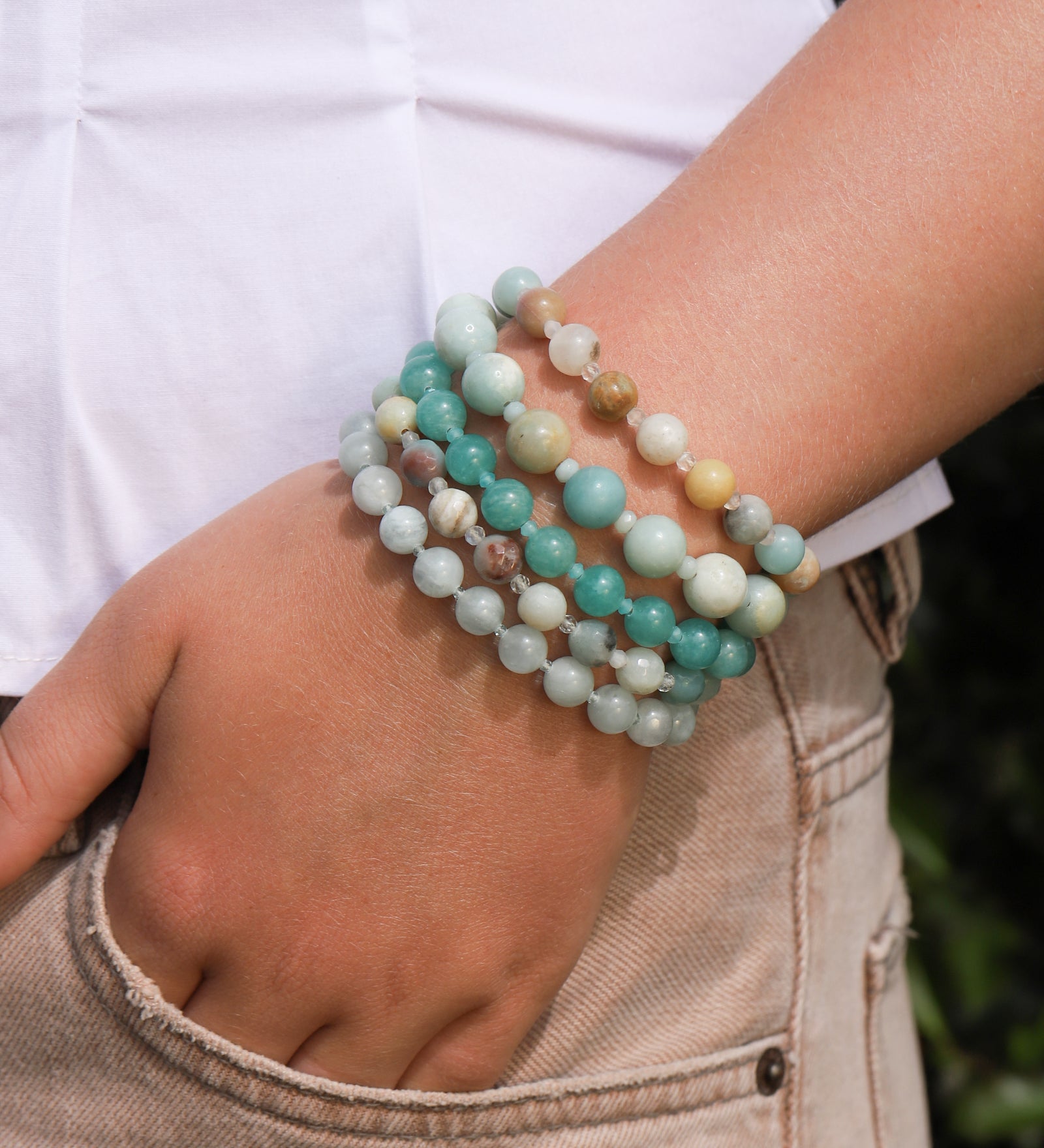 Peruvian Amazonite & Chalcedony Beaded Bracelet | 8mm 14k Gold Plated, Peru Amazonite, Chalcedony
