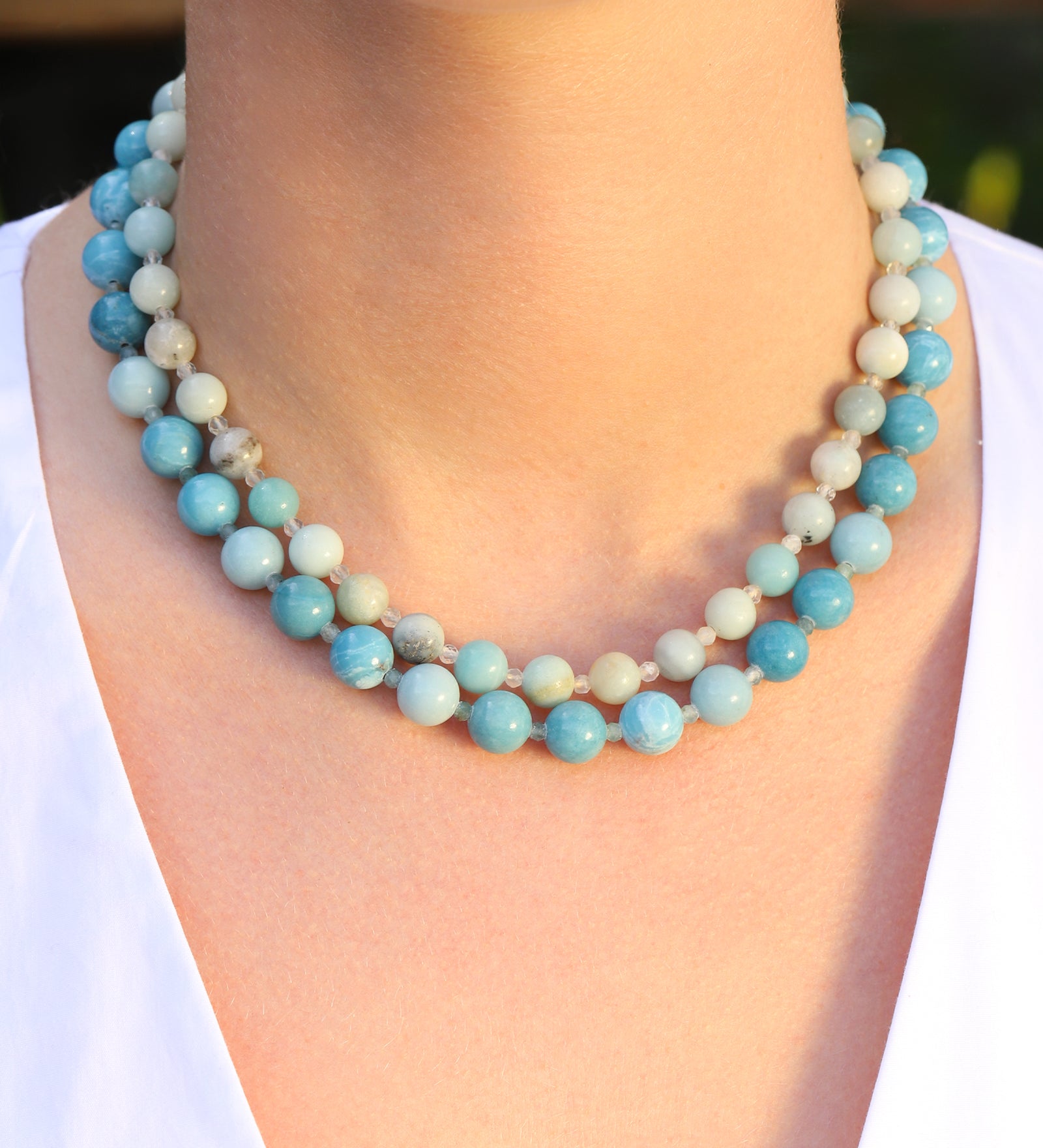 Mixed Shape Beaded Necklace | 10mm 14k Gold Plated, Sky Blue Larimar, Grandiderite
