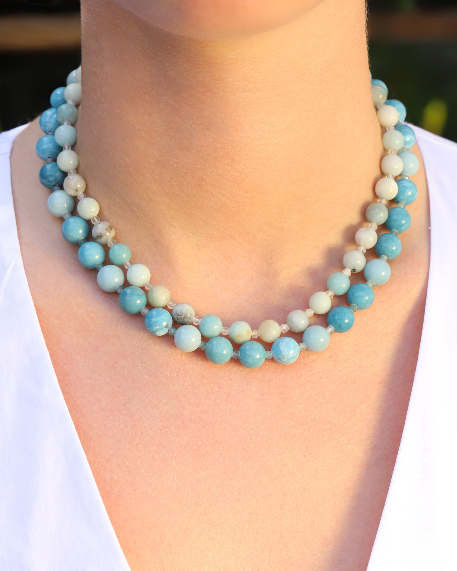 Mixed Shape Beaded Necklace | 10mm 14k Gold Plated, Sky Blue Larimar, Grandiderite
