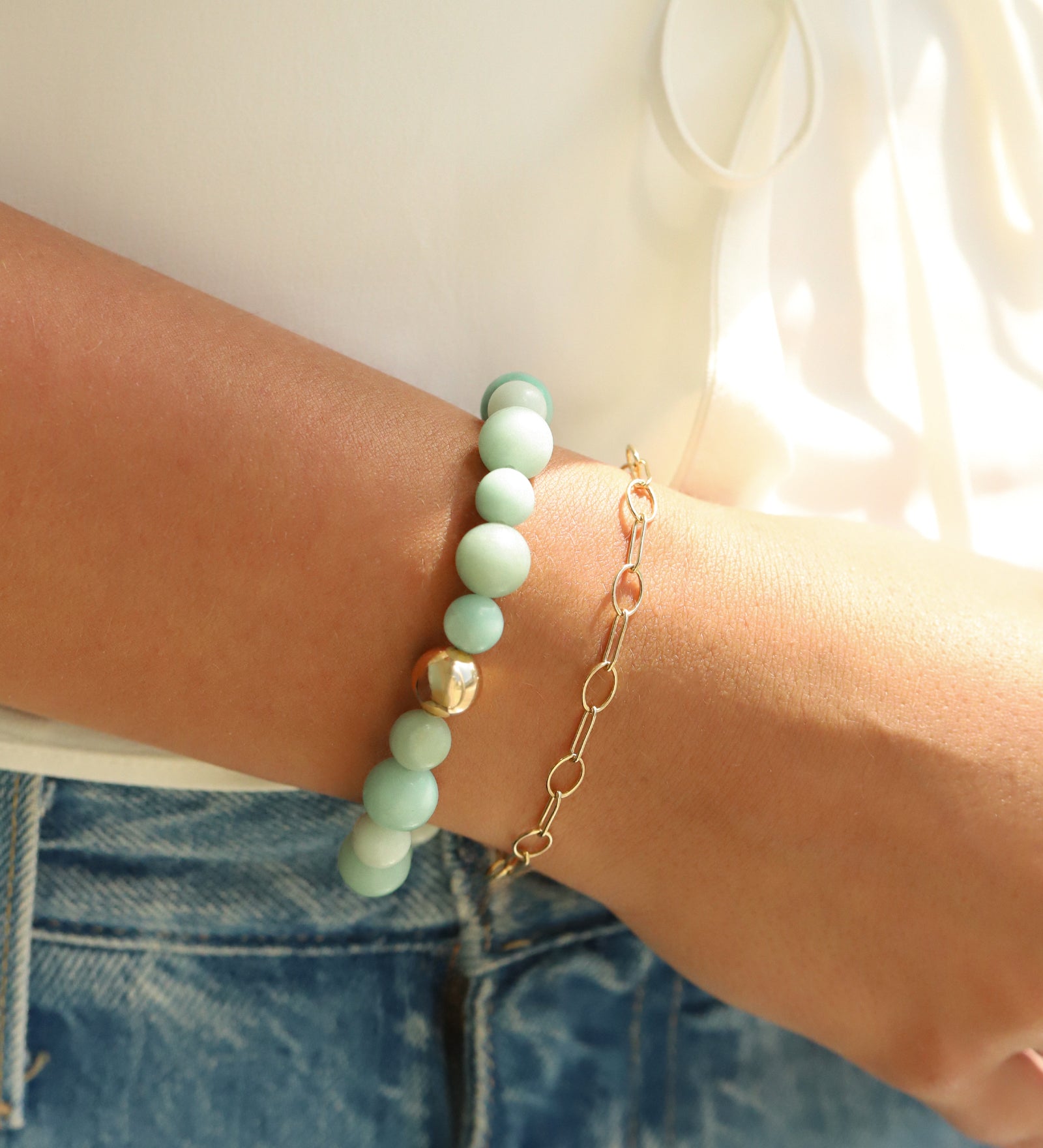 Amazonite Stone Stretch Bracelet | Medium 14k Gold Filled, Amazonite
