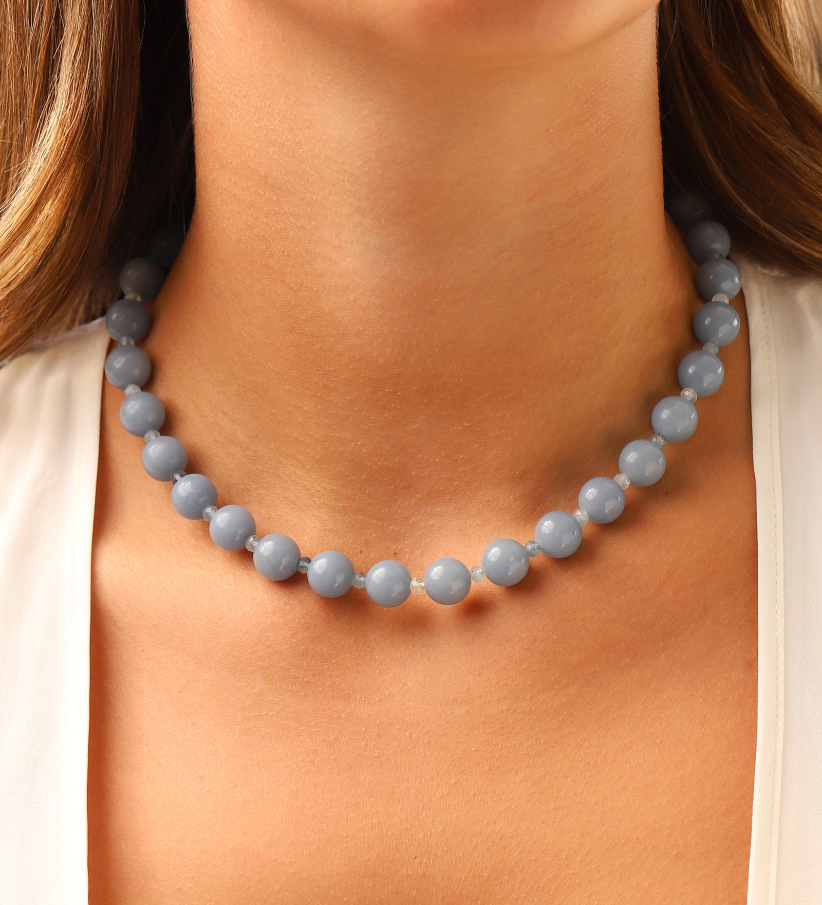 Lunita Luz-Angelite Chunky Beaded Necklace | 10mm-Necklaces-Blue Ruby Jewellery-Vancouver Canada