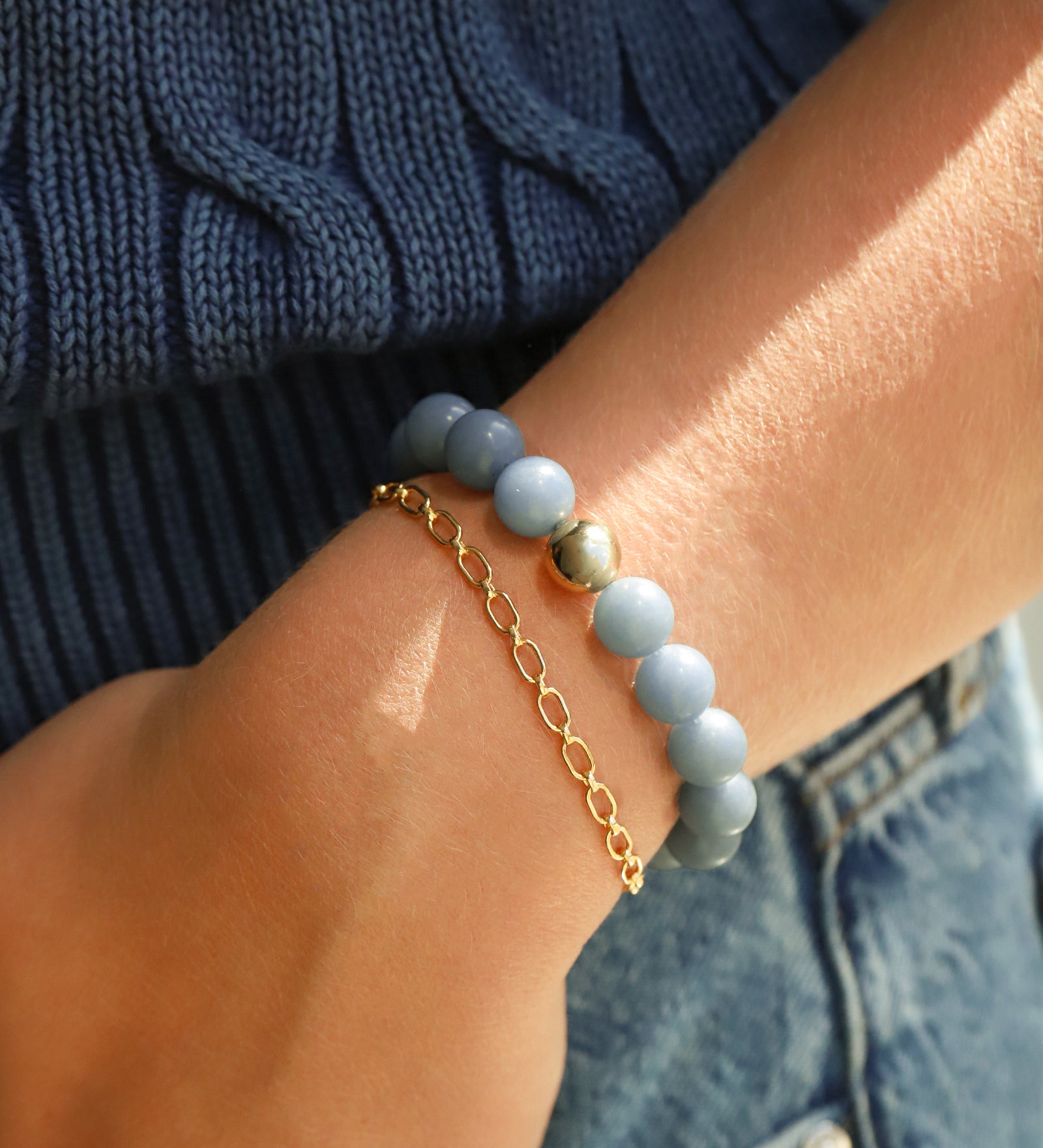 Angelite Stone Stretch Bracelet 14k Gold Filled, Angelite