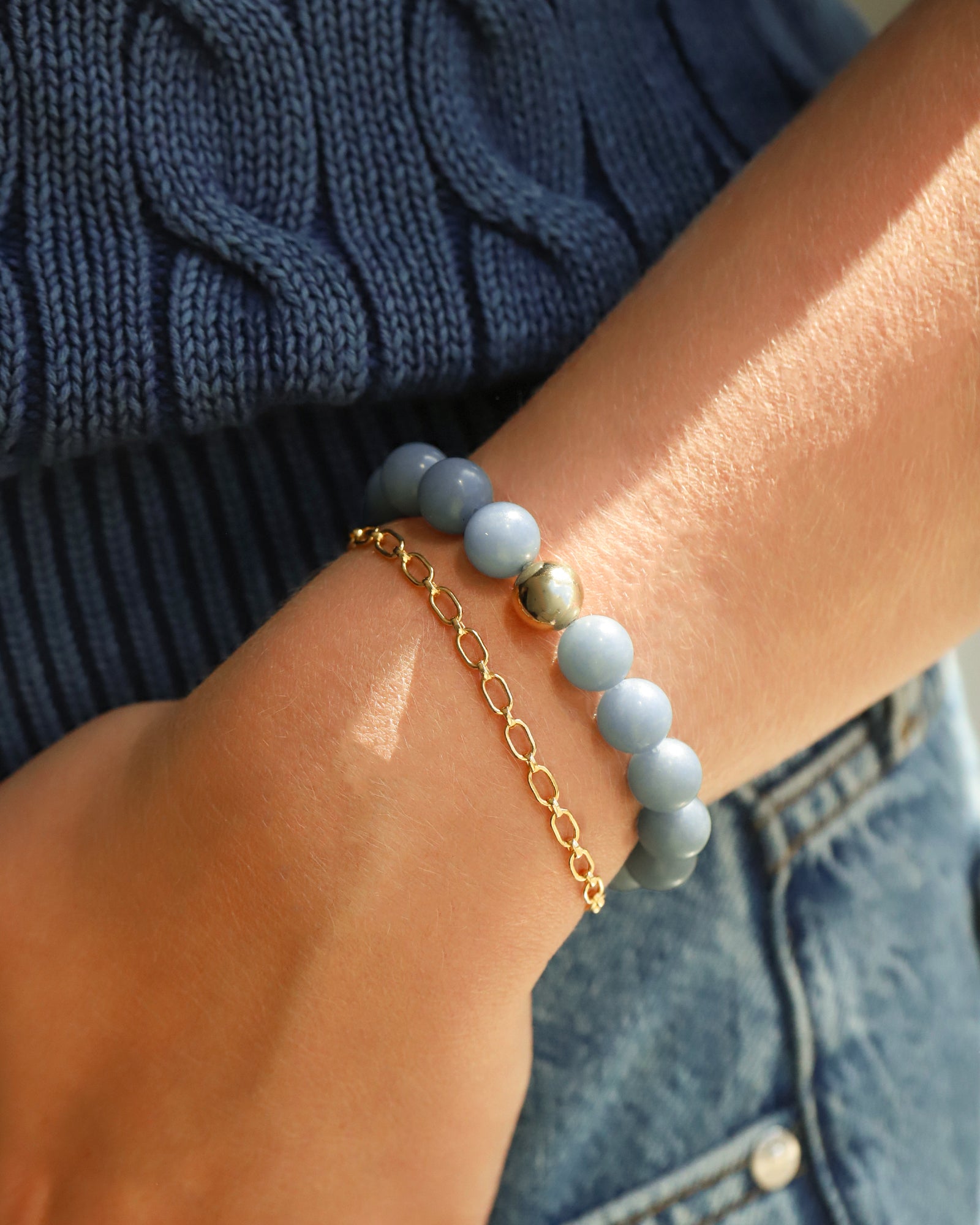 Angelite Stone Stretch Bracelet 14k Gold Filled, Angelite