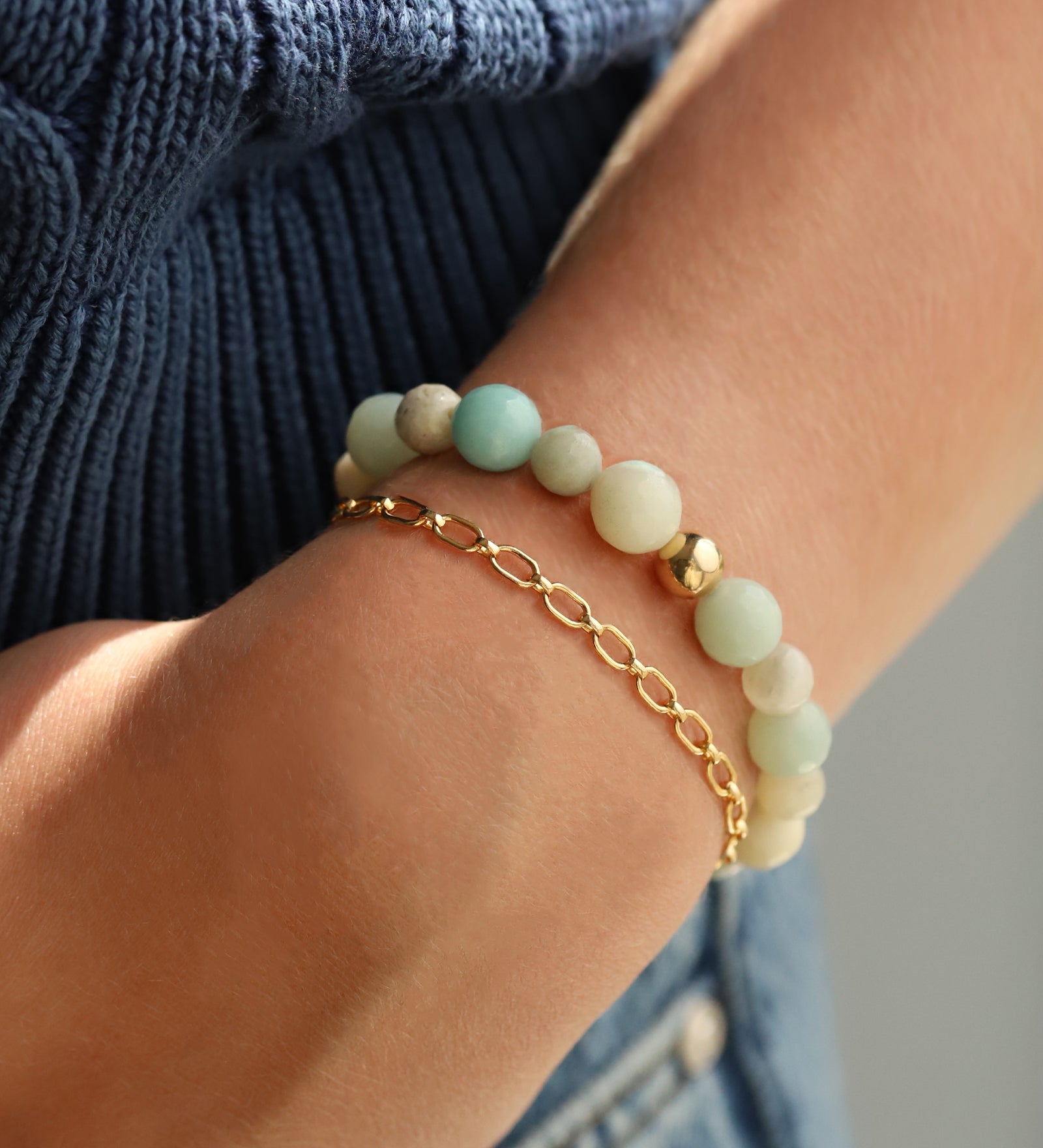 Amazonite Facted Stone Stretch Bracelet 14k Gold Filled, Amazonite