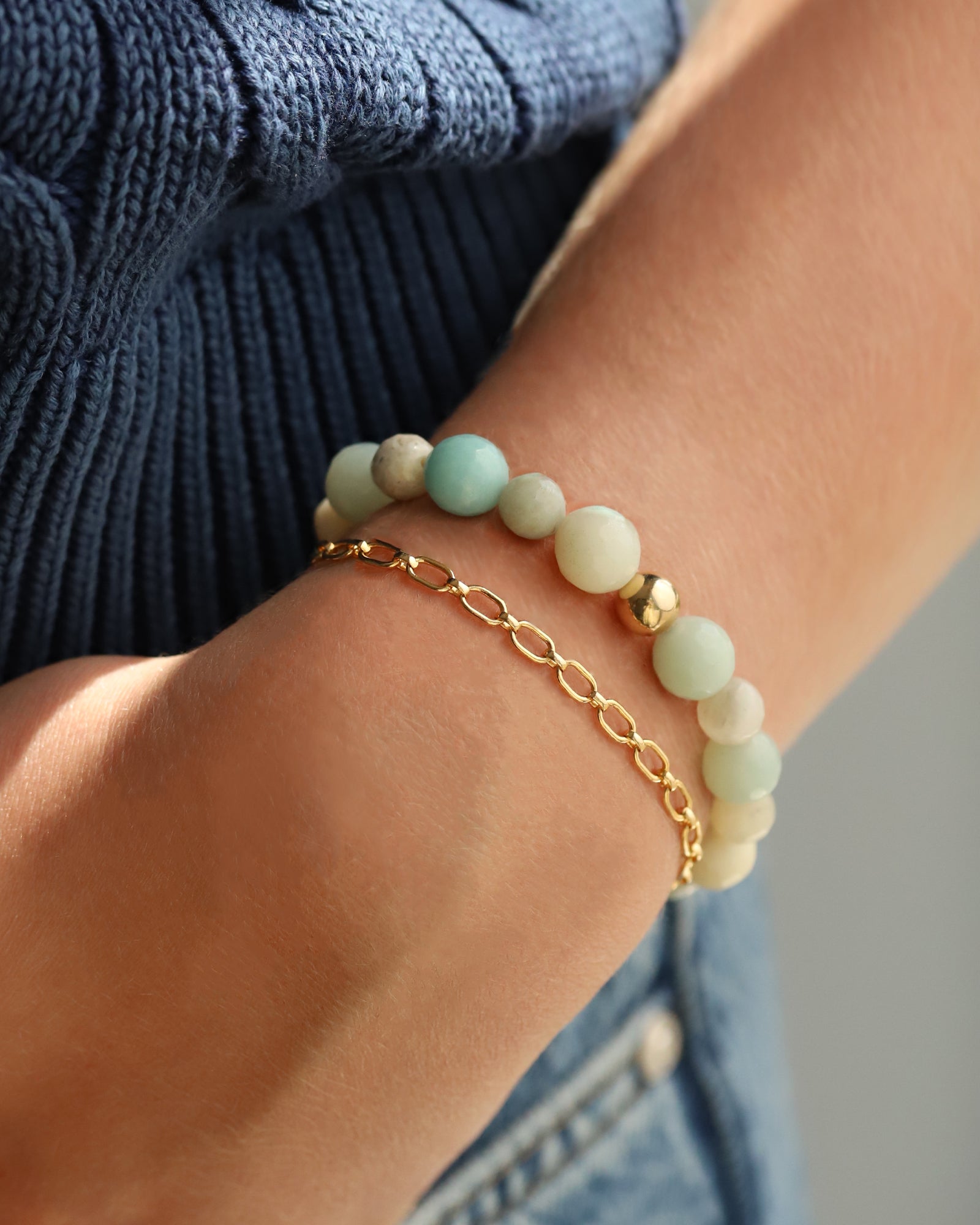 Amazonite Facted Stone Stretch Bracelet 14k Gold Filled, Amazonite