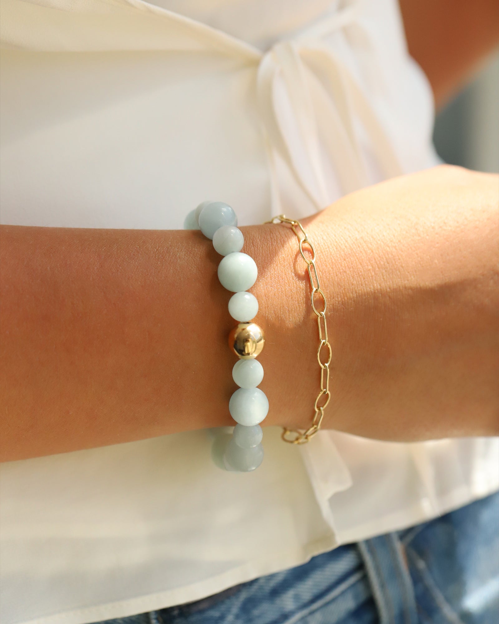 Aquamarine Stone Stretch Bracelet 14k Gold Filled, Aquamarine
