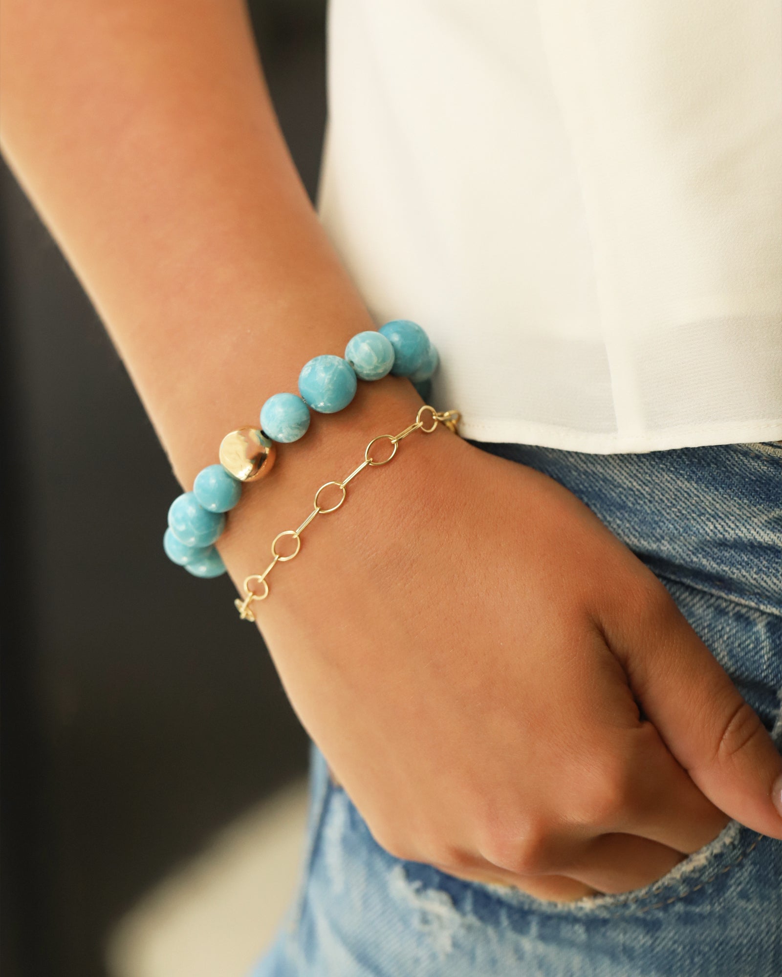 Larimar Stone Stretch Bracelet 14k Gold Filled, Larimar