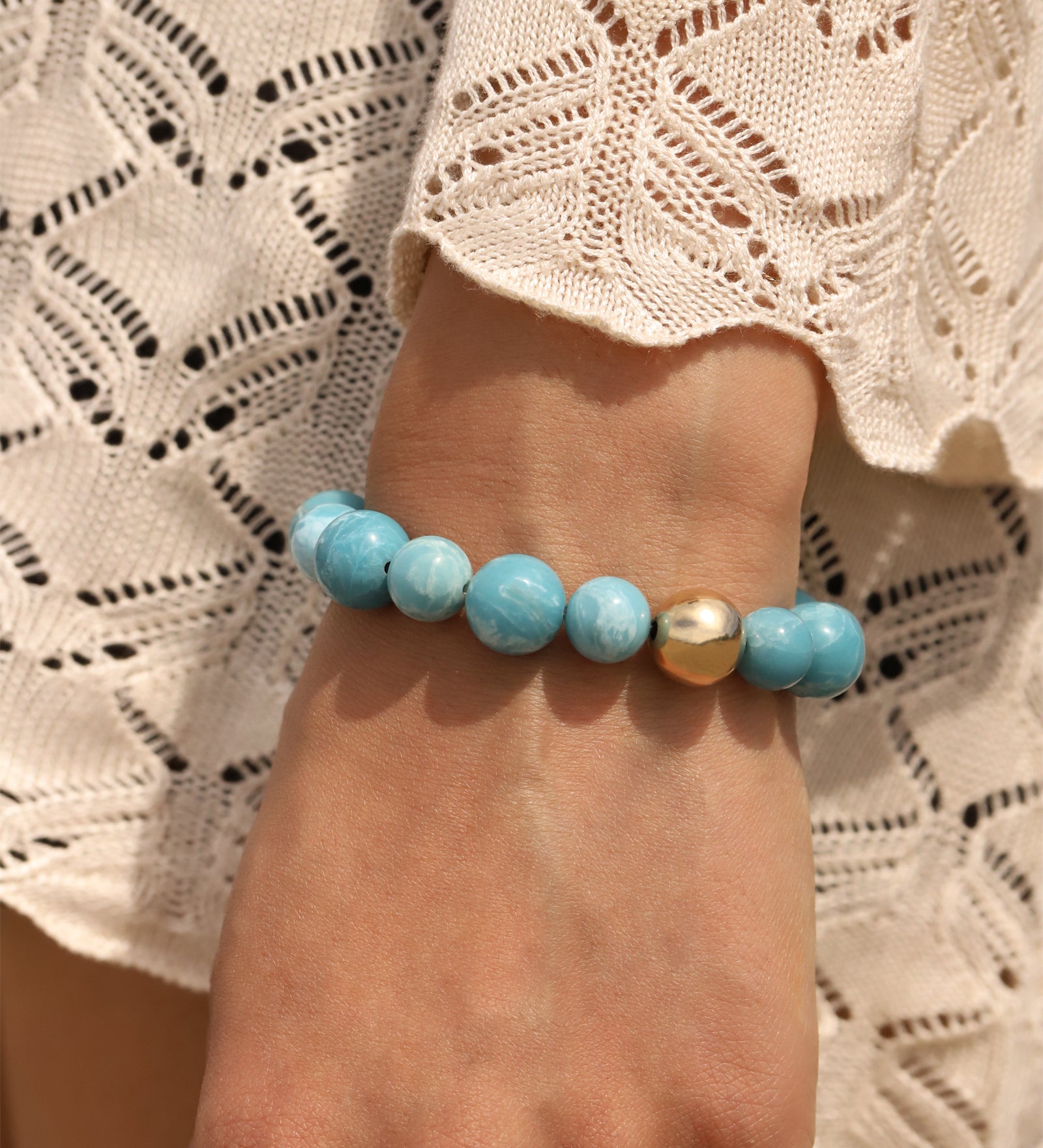 Larimar Stone Stretch Bracelet 14k Gold Filled, Larimar