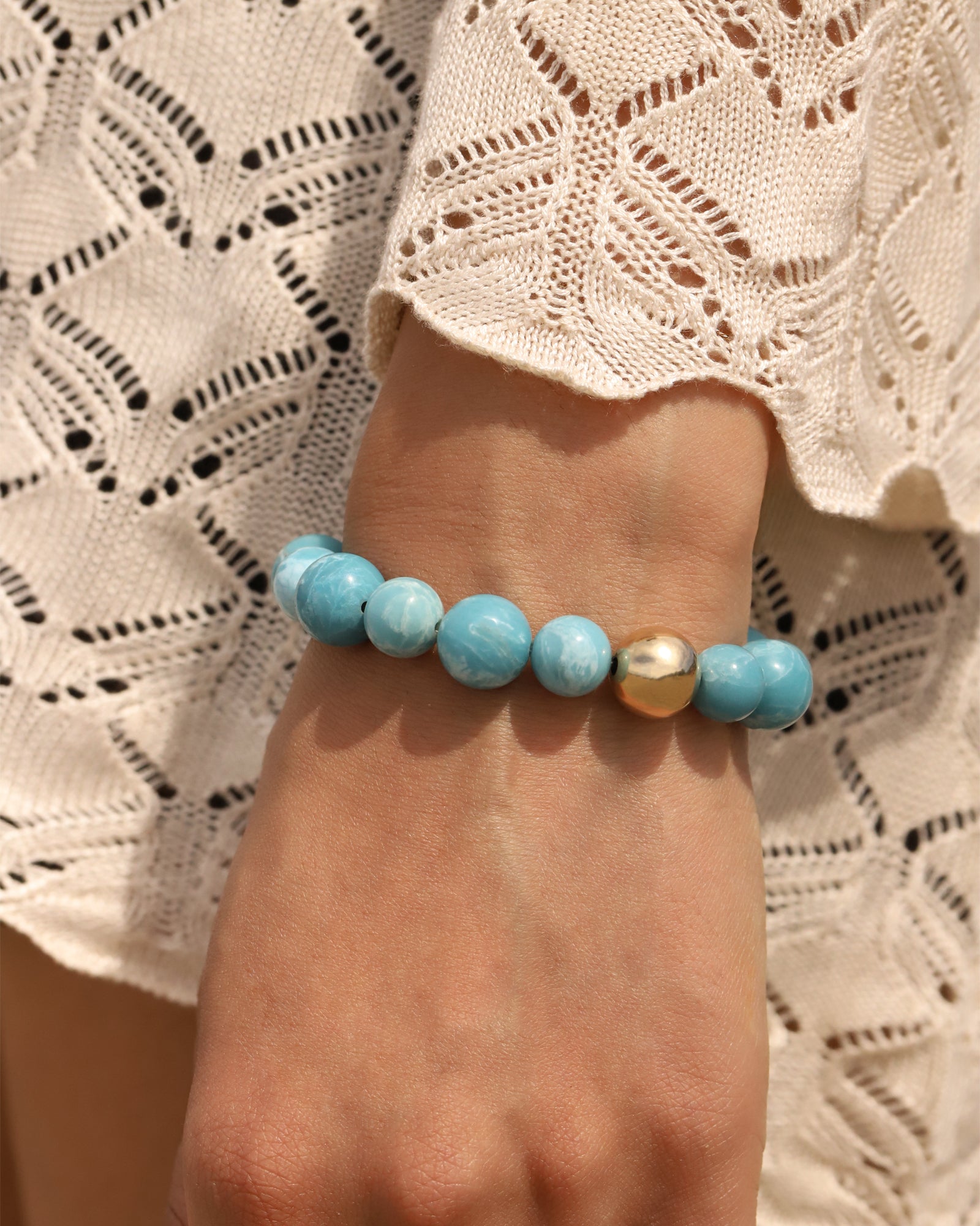 Larimar Stone Stretch Bracelet 14k Gold Filled, Larimar
